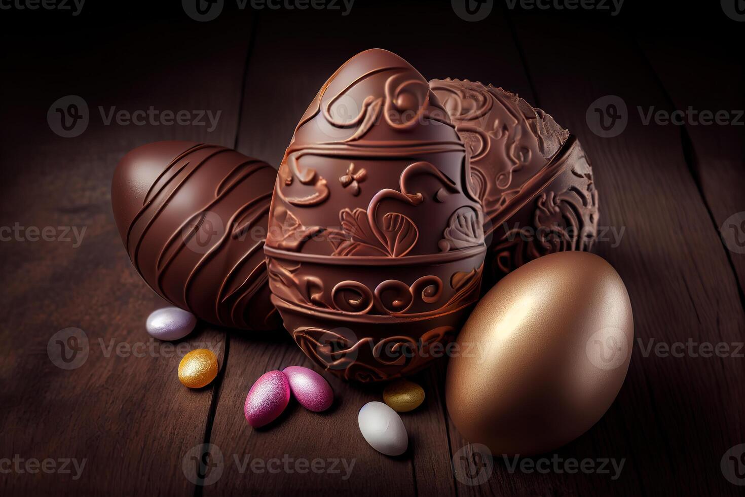 Chocolate eggs on dark wooden background. photo