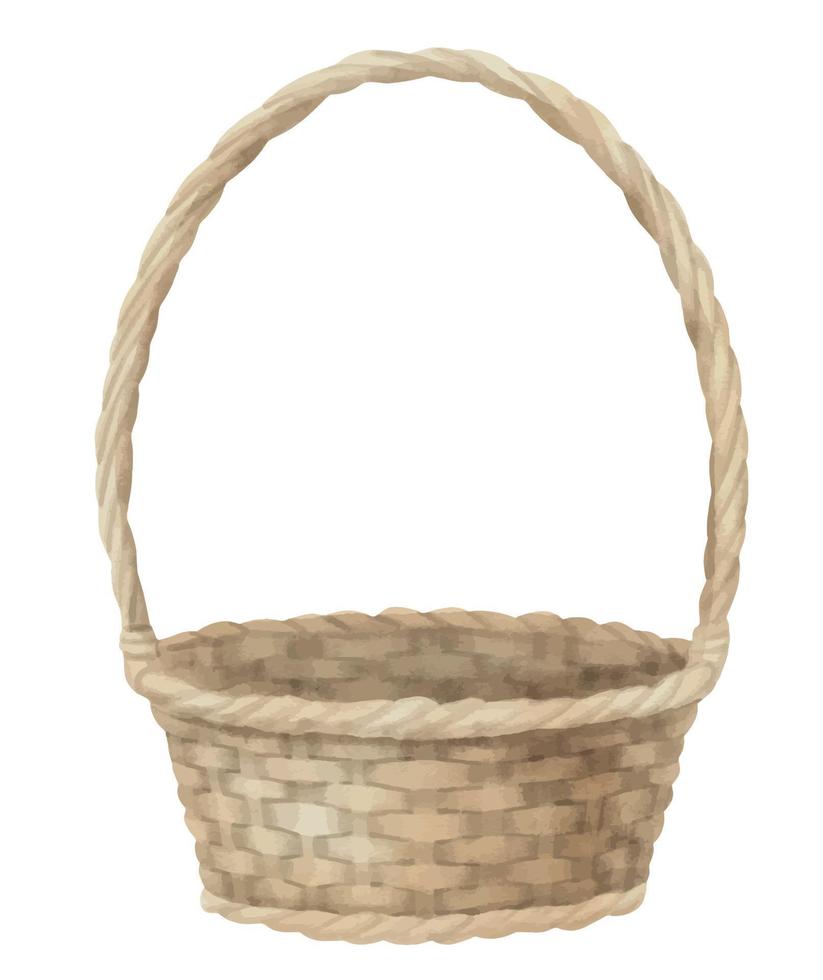 Wicker round Basket for picnic. Hand drawn watercolor illustration of empty traditional container on isolated background. Drawing of Vintage Rustic hamper. Traditional object for flowers food vector