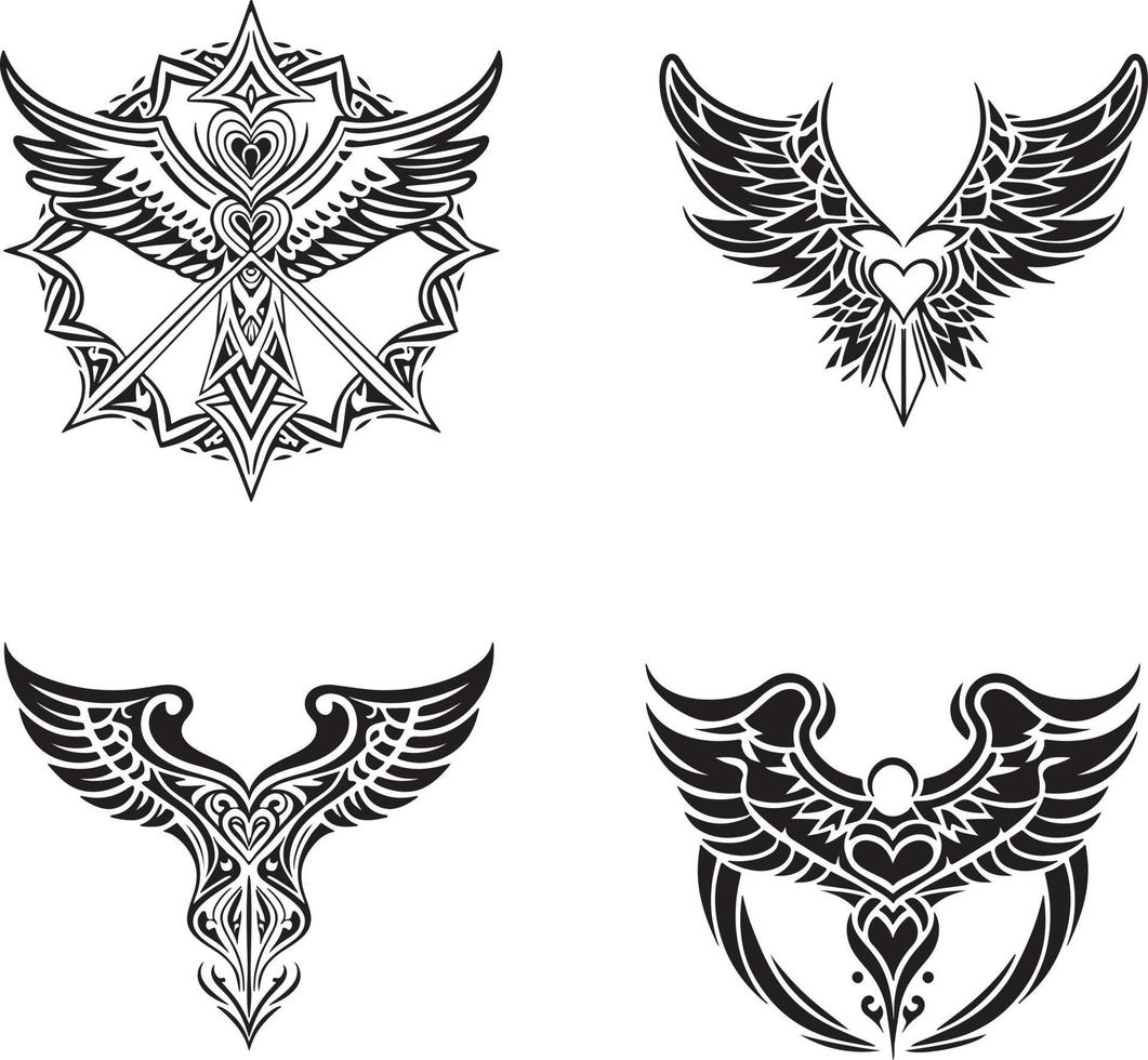 Hearts And Wings Tribal Tattoos Vector