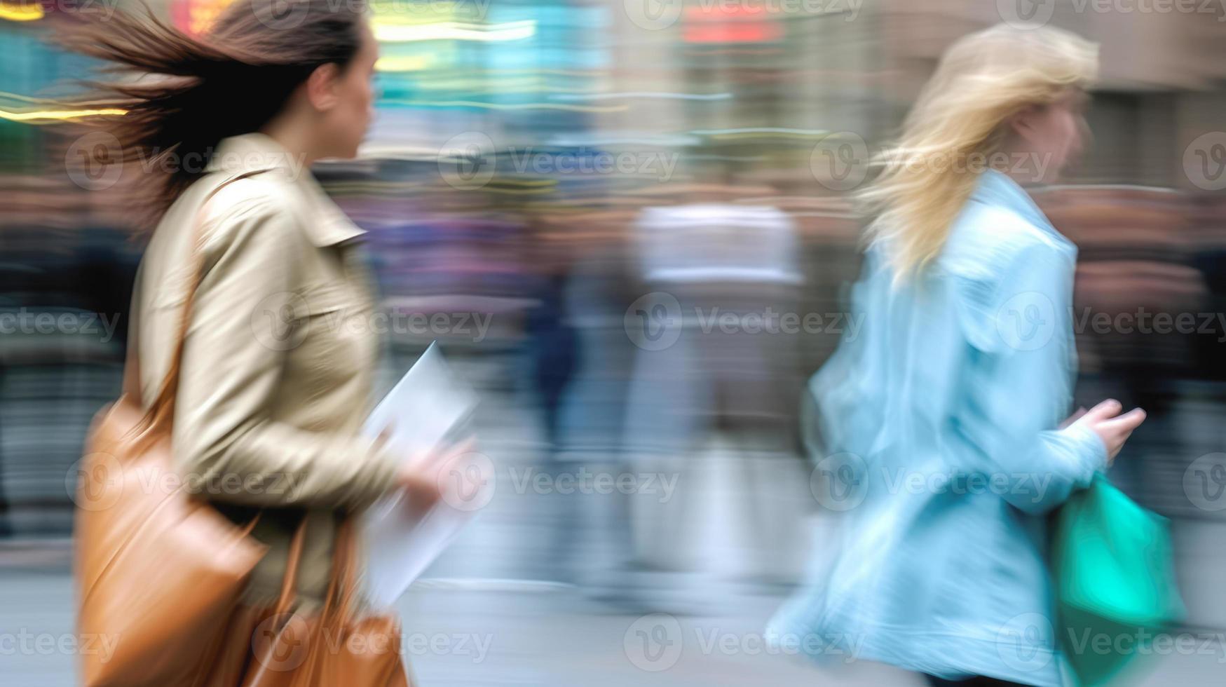 Two blurred in motion women with bags on city street photo