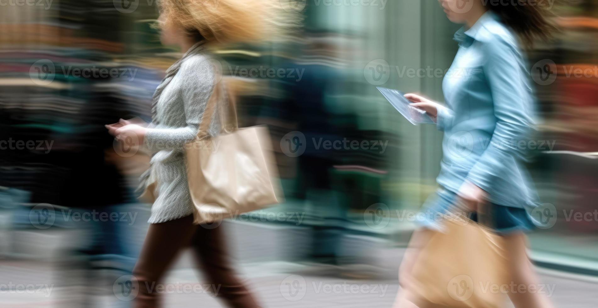 Two blurred in motion women with bags on city street photo