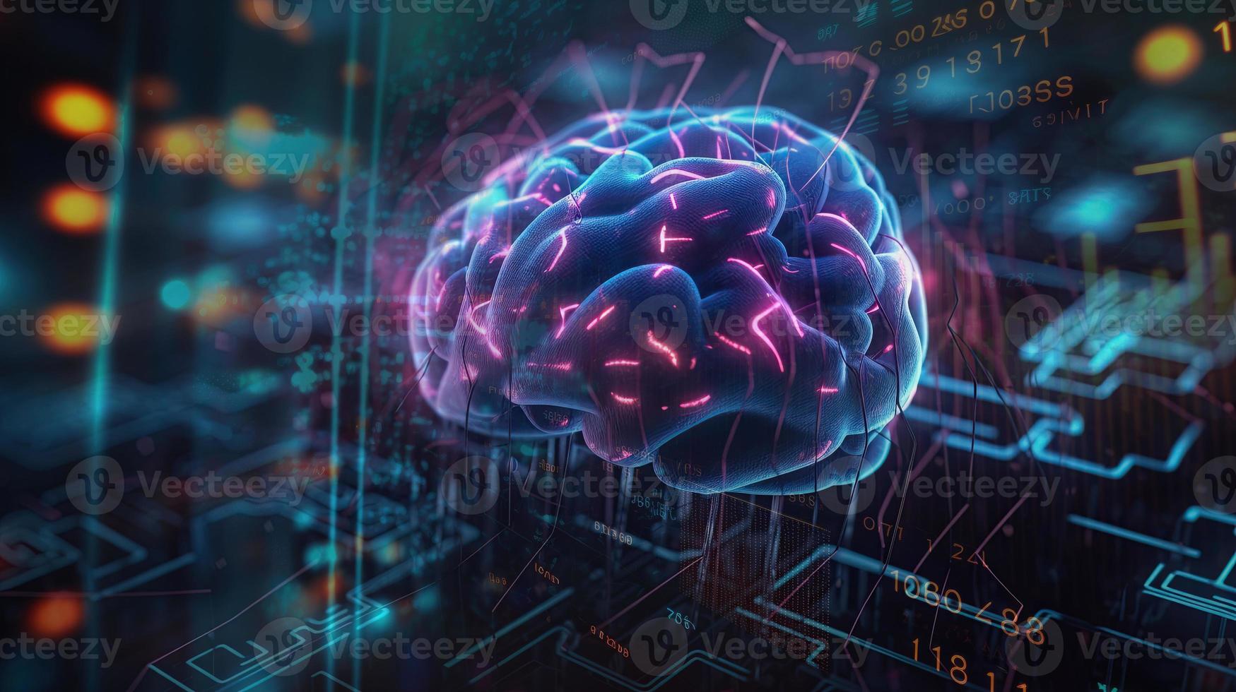 artificial intelligence background in the form of a human brain, against the background of graphs of numbers and calculations. Interaction between AI and humans. ai generation photo