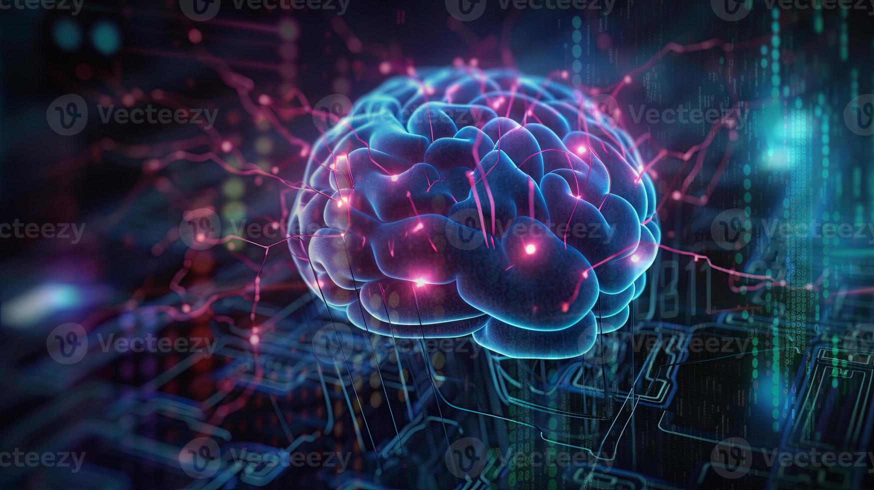 artificial intelligence background in the form of a human brain, against the background of graphs of numbers and calculations. Interaction between AI and humans. ai generation photo