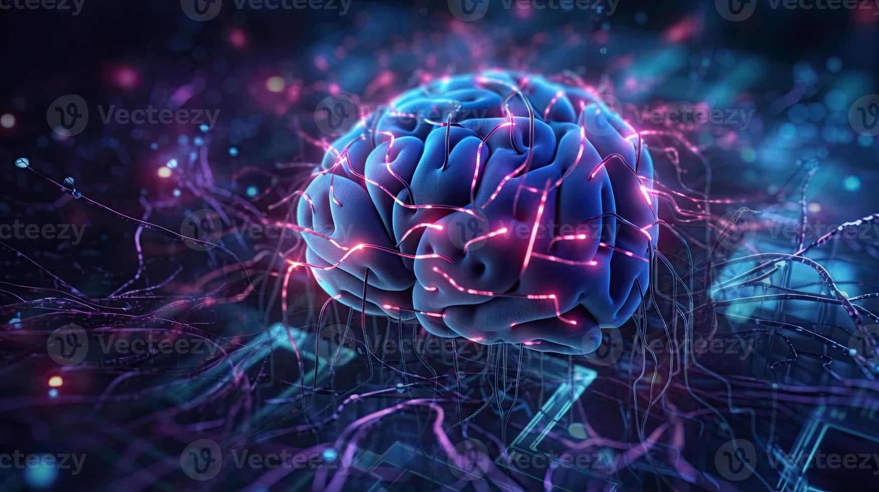 artificial intelligence background in the form of a human brain, against the background of graphs of numbers and calculations. Interaction between AI and humans. ai generation photo
