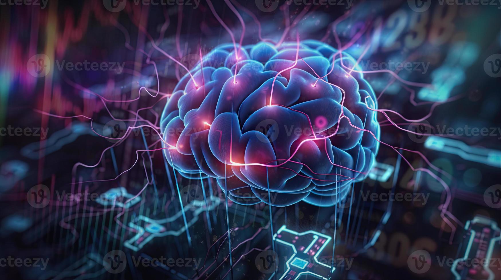 artificial intelligence background in the form of a human brain, against the background of graphs of numbers and calculations. Interaction between AI and humans. ai generation photo