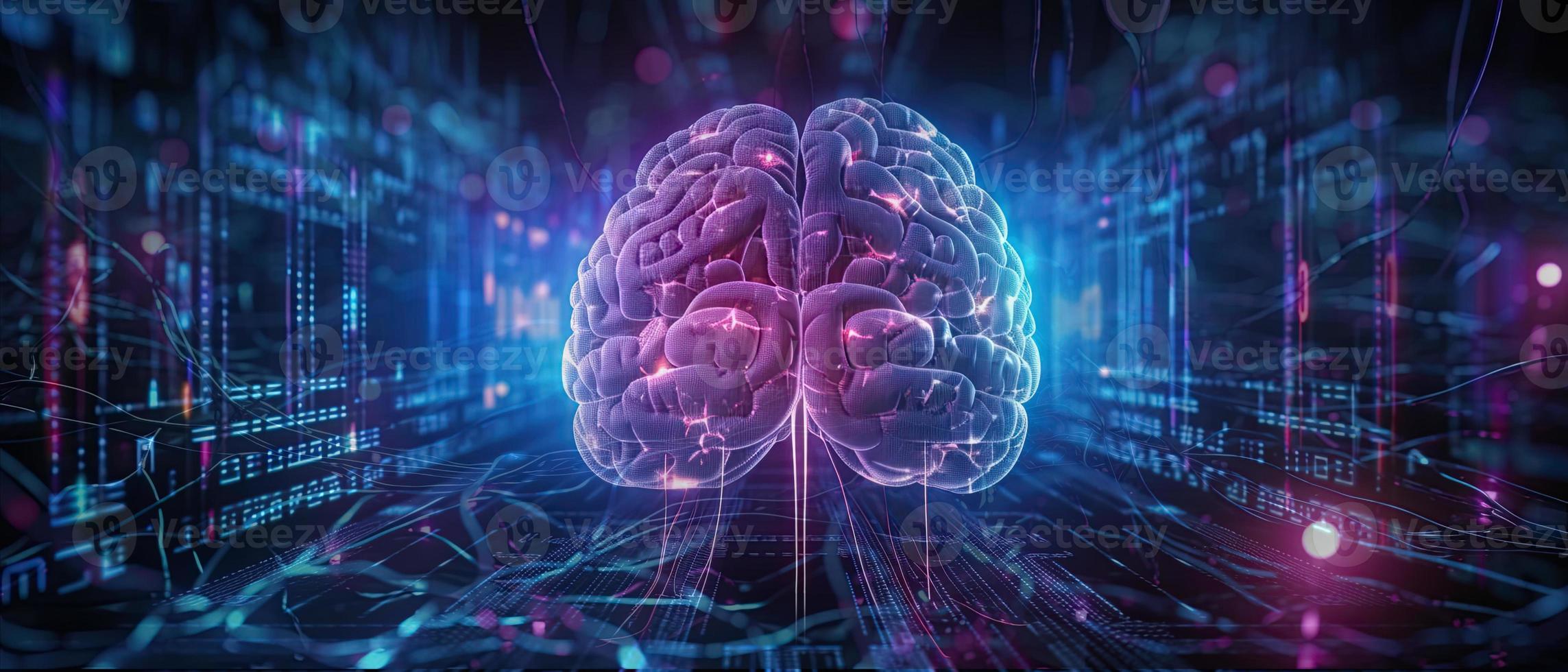 artificial intelligence background in the form of a human brain, against the background of graphs of numbers and calculations. Interaction between AI and humans. ai generation photo