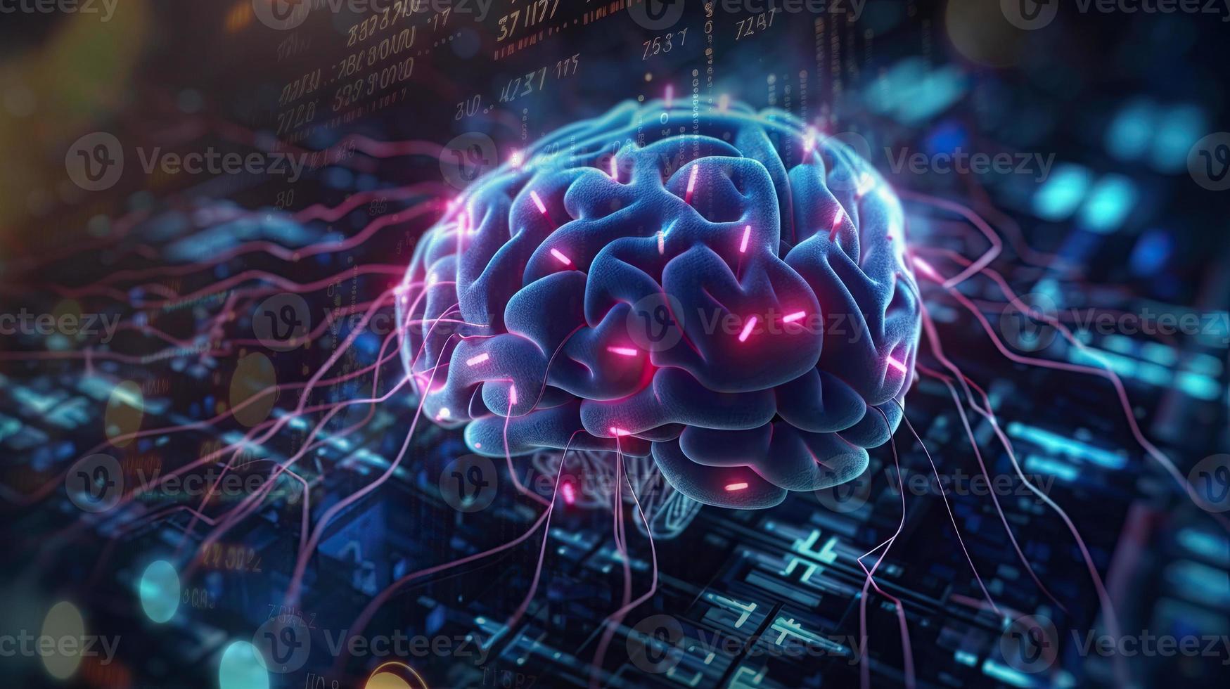 artificial intelligence background in the form of a human brain, against the background of graphs of numbers and calculations. Interaction between AI and humans. ai generation photo