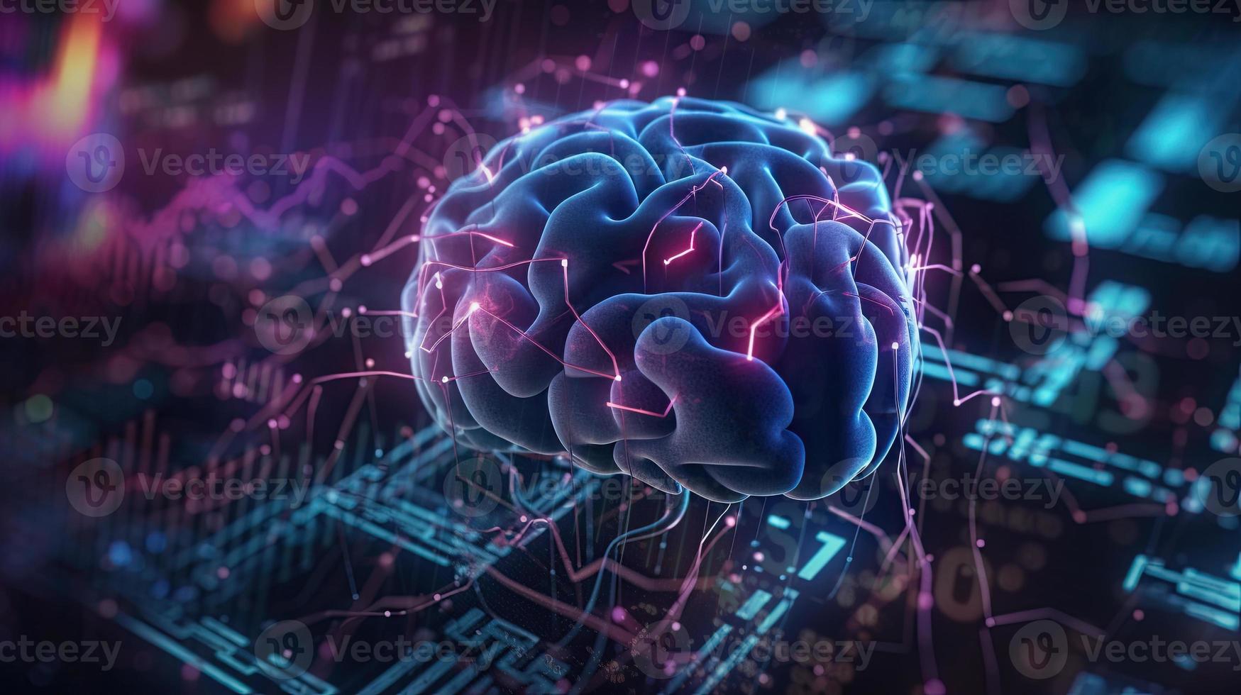 artificial intelligence background in the form of a human brain, against the background of graphs of numbers and calculations. Interaction between AI and humans. ai generation photo