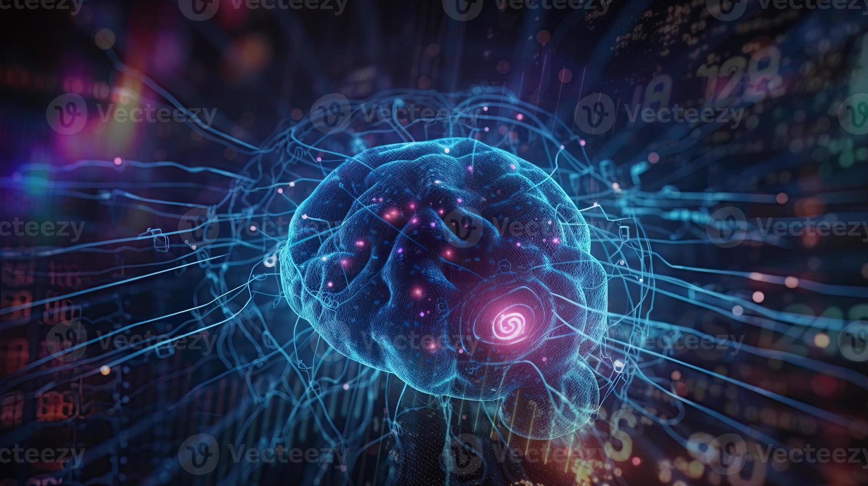 artificial intelligence background in the form of a human brain, against the background of graphs of numbers and calculations. Interaction between AI and humans. ai generation photo