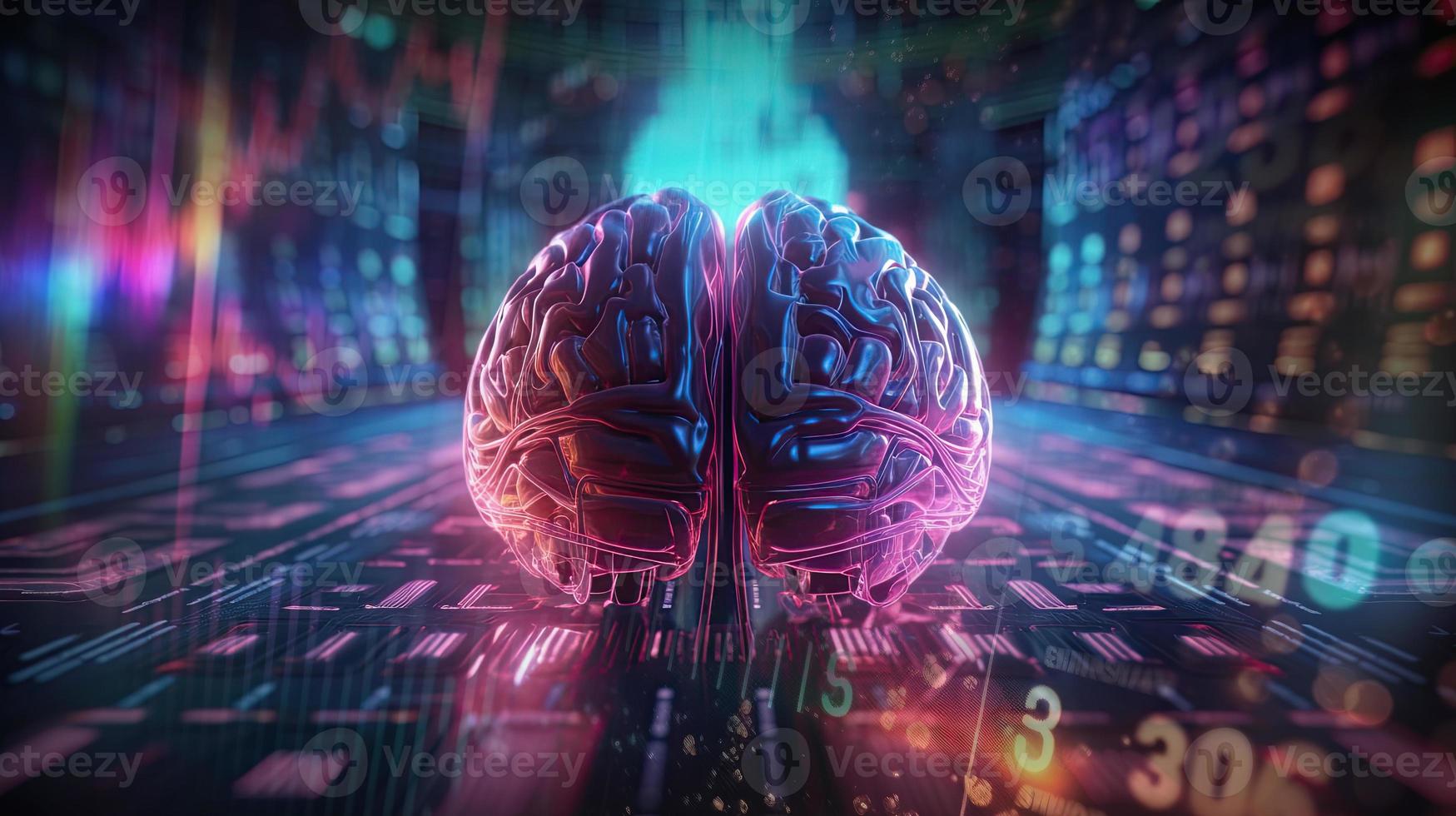 artificial intelligence background in the form of a human brain, against the background of graphs of numbers and calculations. Interaction between AI and humans. ai generation photo