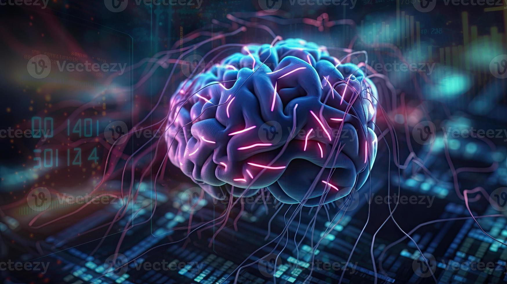 artificial intelligence background in the form of a human brain, against the background of graphs of numbers and calculations. Interaction between AI and humans. ai generation photo