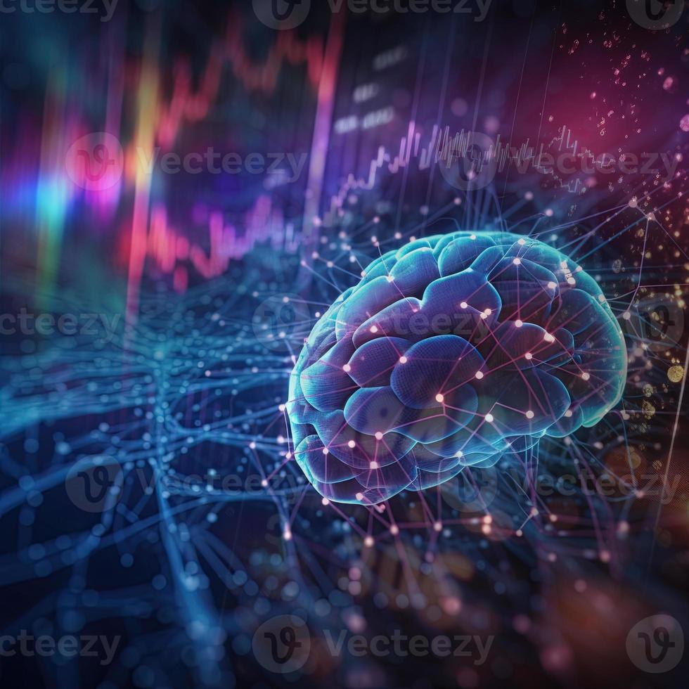 artificial intelligence background in the form of a human brain, against the background of graphs of numbers and calculations. Interaction between AI and humans. ai generation photo