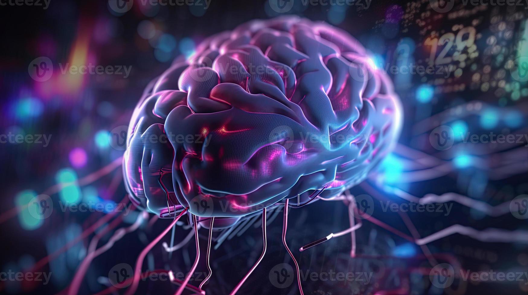 artificial intelligence background in the form of a human brain, against the background of graphs of numbers and calculations. Interaction between AI and humans. ai generation photo