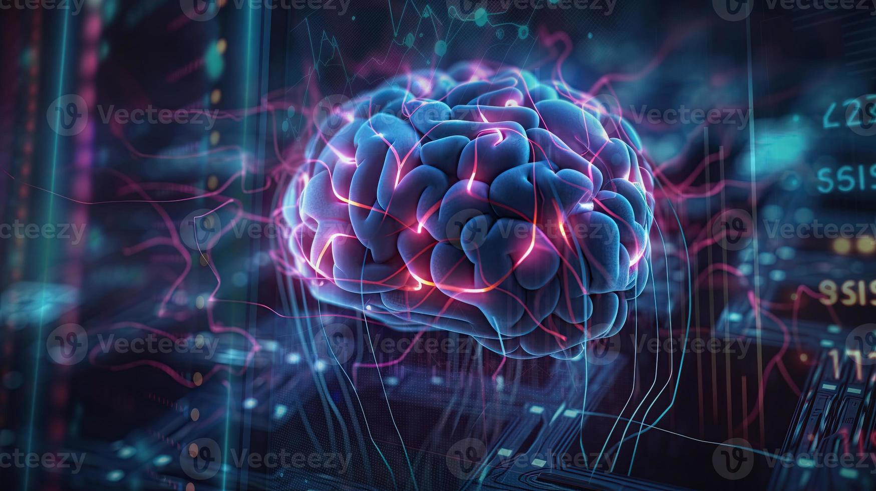 artificial intelligence background in the form of a human brain, against the background of graphs of numbers and calculations. Interaction between AI and humans. ai generation photo