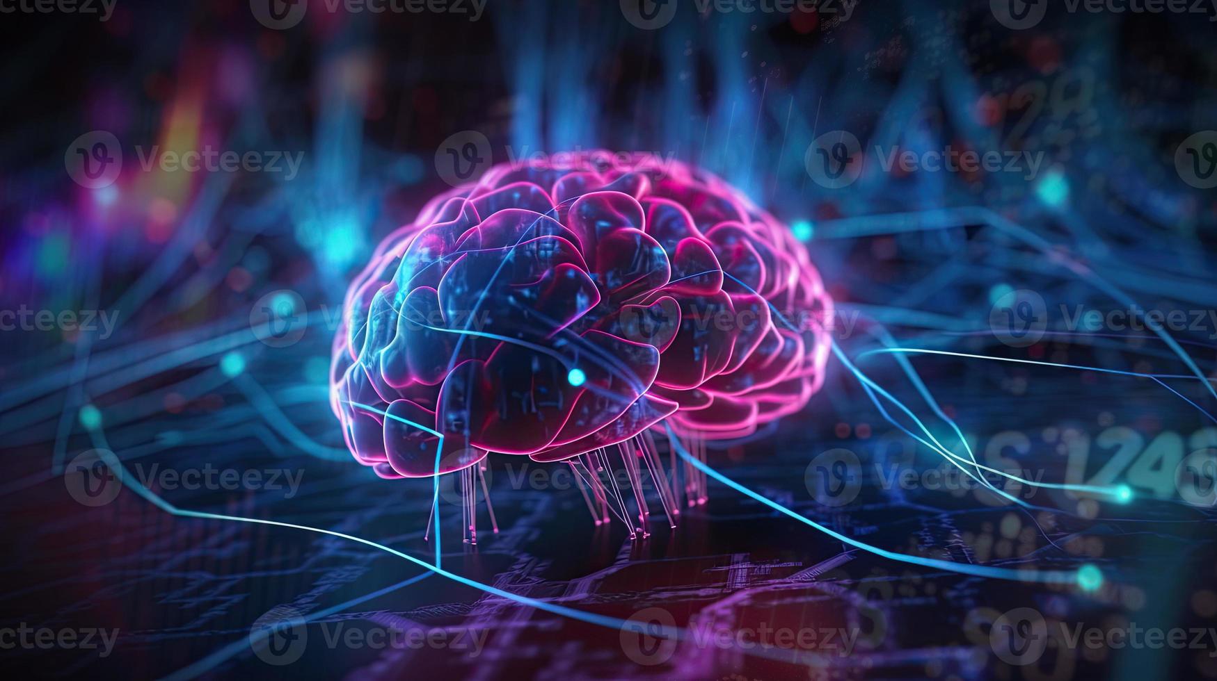 artificial intelligence background in the form of a human brain, against the background of graphs of numbers and calculations. Interaction between AI and humans. ai generation photo