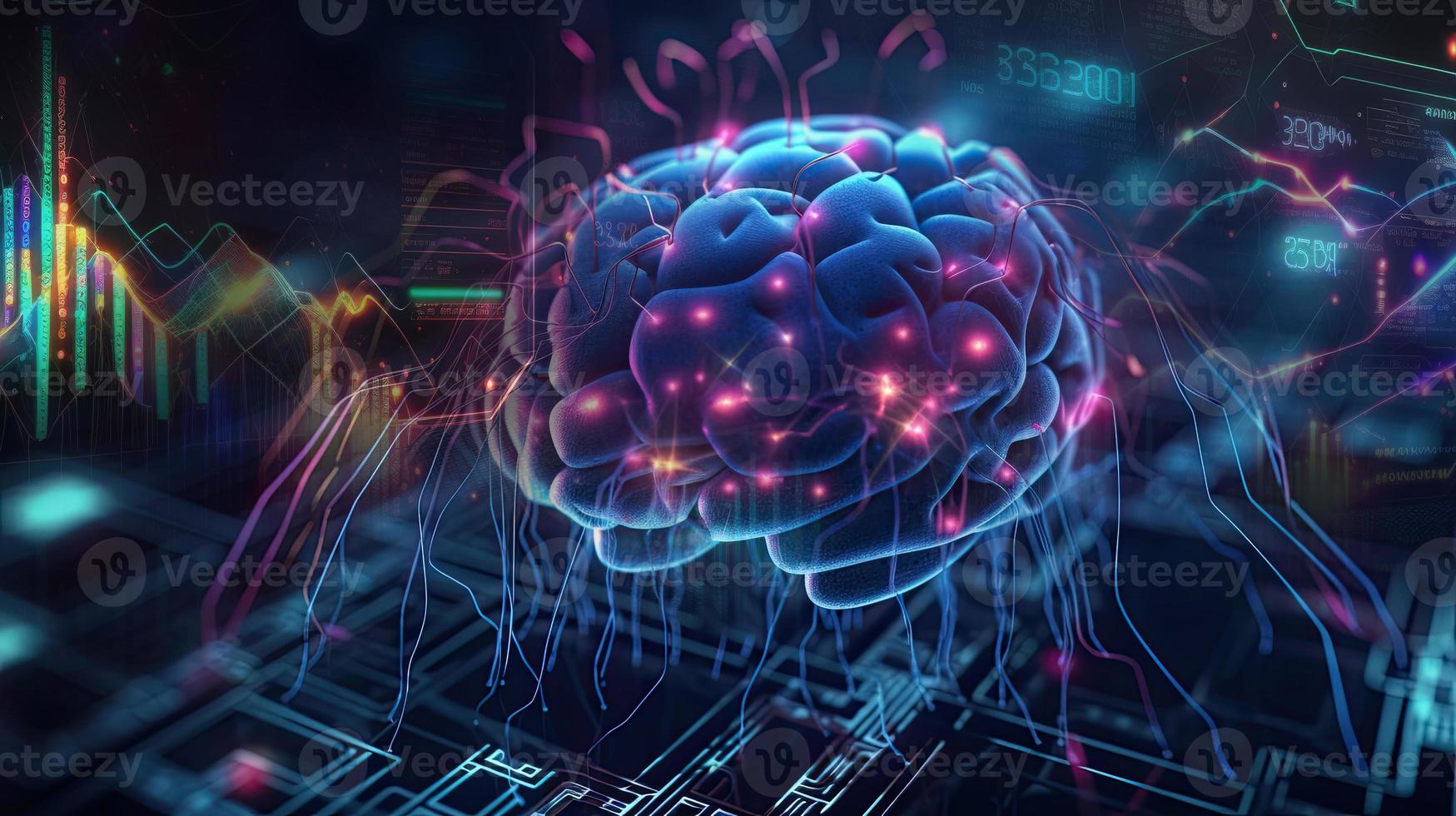 artificial intelligence background in the form of a human brain, against the background of graphs of numbers and calculations. Interaction between AI and humans. ai generation photo
