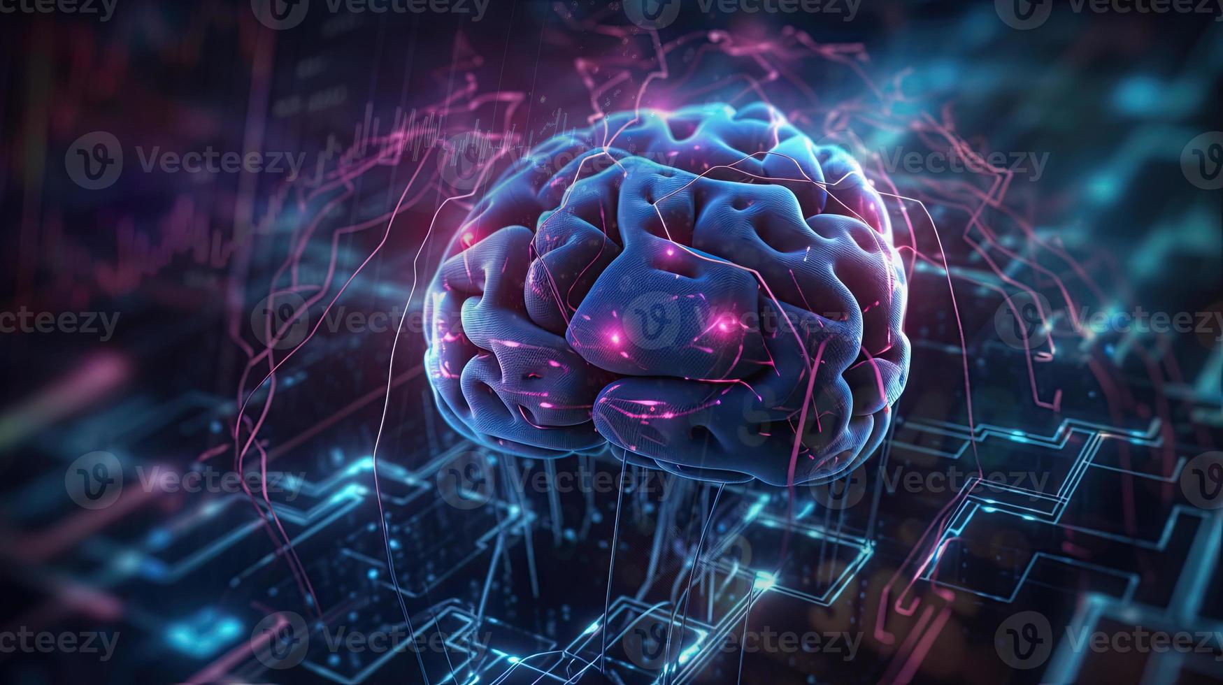 artificial intelligence background in the form of a human brain, against the background of graphs of numbers and calculations. Interaction between AI and humans. ai generation photo