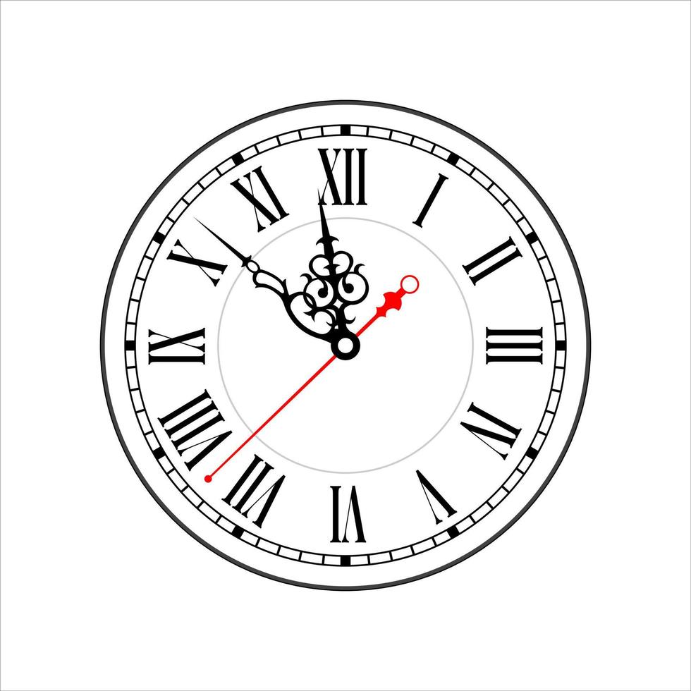 Time clock with Roman numerals isolated on white background. Black antique clock with arrows and Roman clock face. Vector