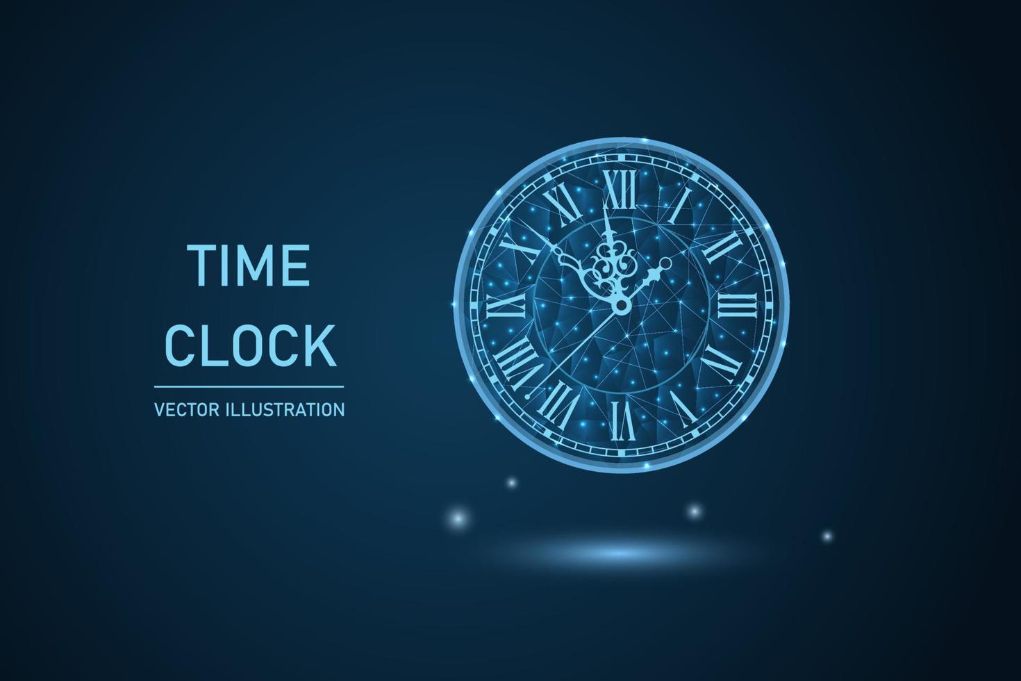 Happy New Year greeting card with glowing low poly roman numeral clock on dark blue background vector