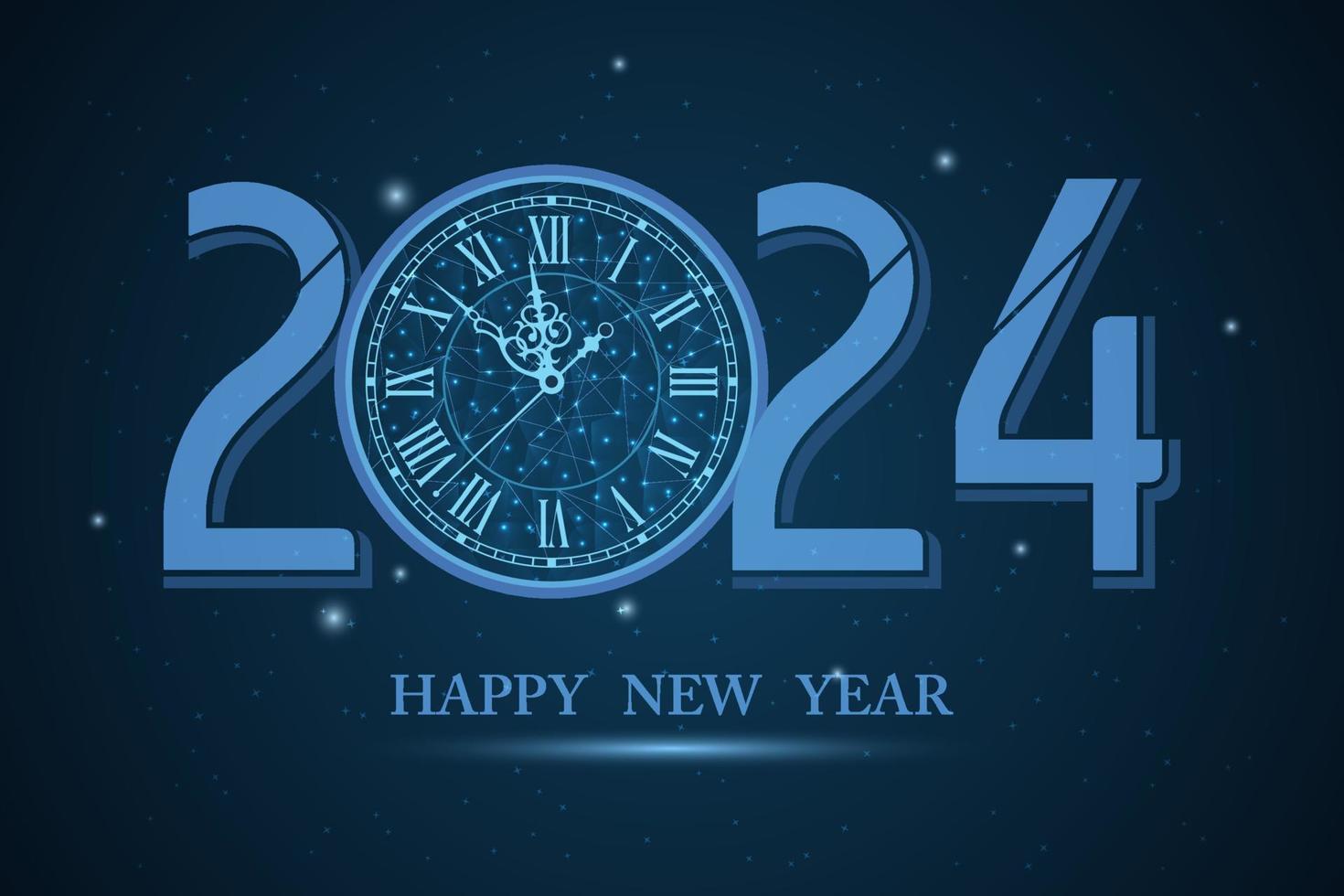 2024 Abstract blue low poly clock and number 2024 with Geometric Abstract Background in Retro Style. Celebrate party. Happy new year. vector