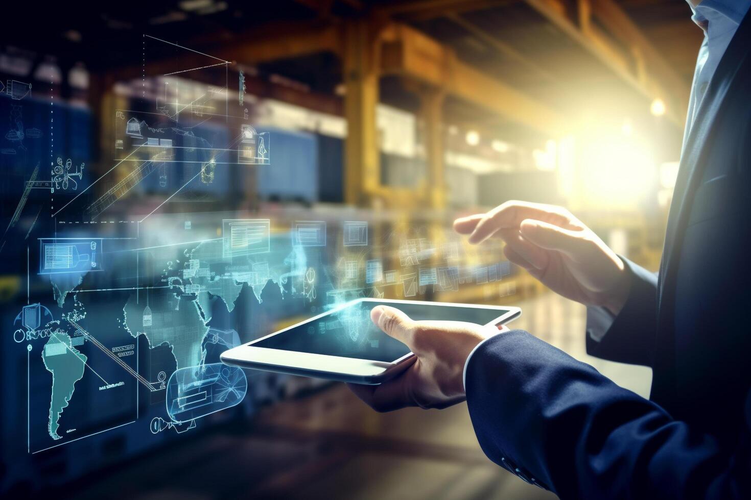 a businessman is seen using a tablet to manage a logistic network that includes smart transportation, intelligent logistics for trucks and trains, and cargo ship photo