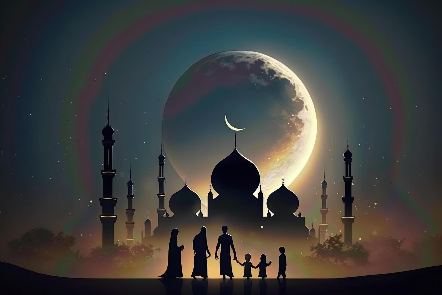 Eid mubarak background, Mosque in the moonlight at night 3D illustration, Arabic lanterns, . photo