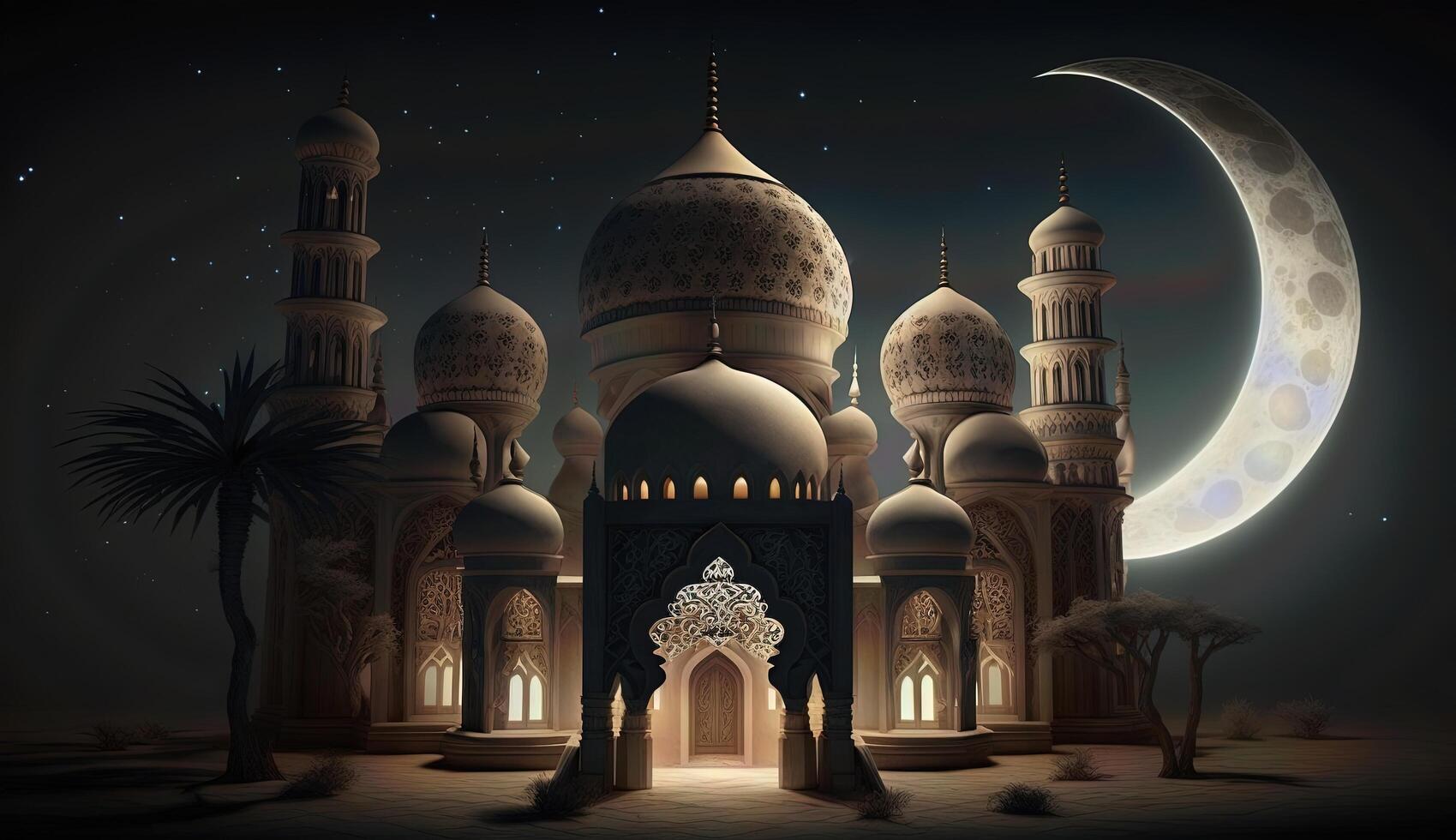 Eid mubarak background, Mosque in the moonlight at night 3D illustration, Arabic lanterns, . photo