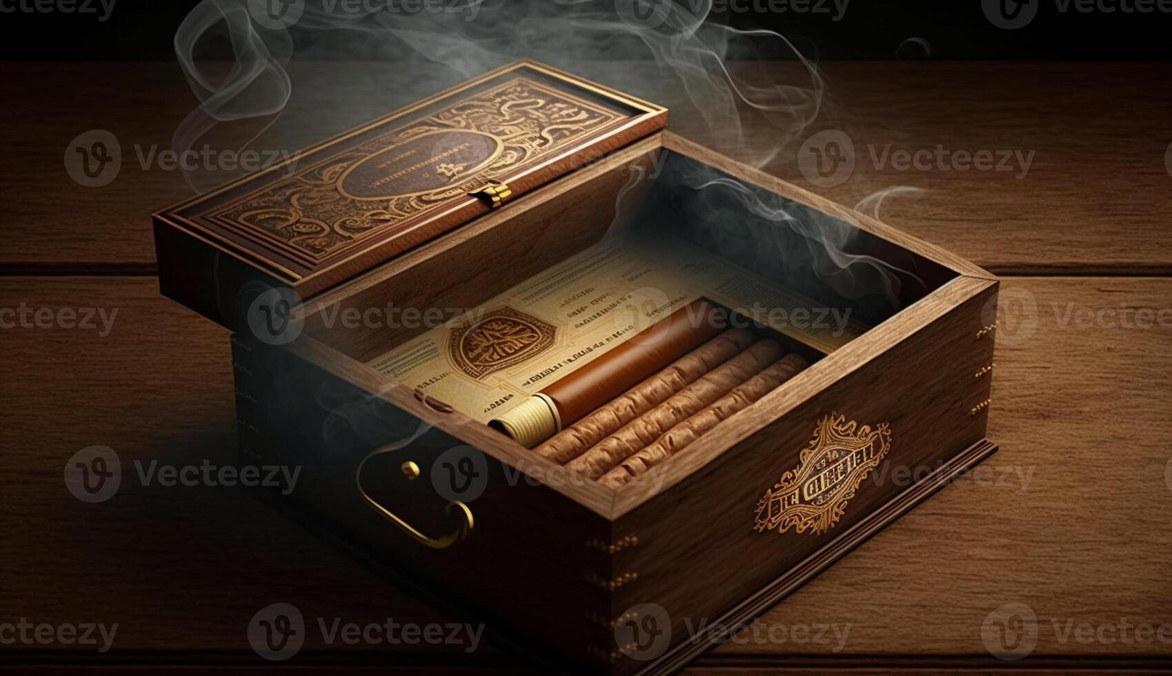 realistic illustration of cigar cigarettes in a classic wooden box with smoke effect, photo