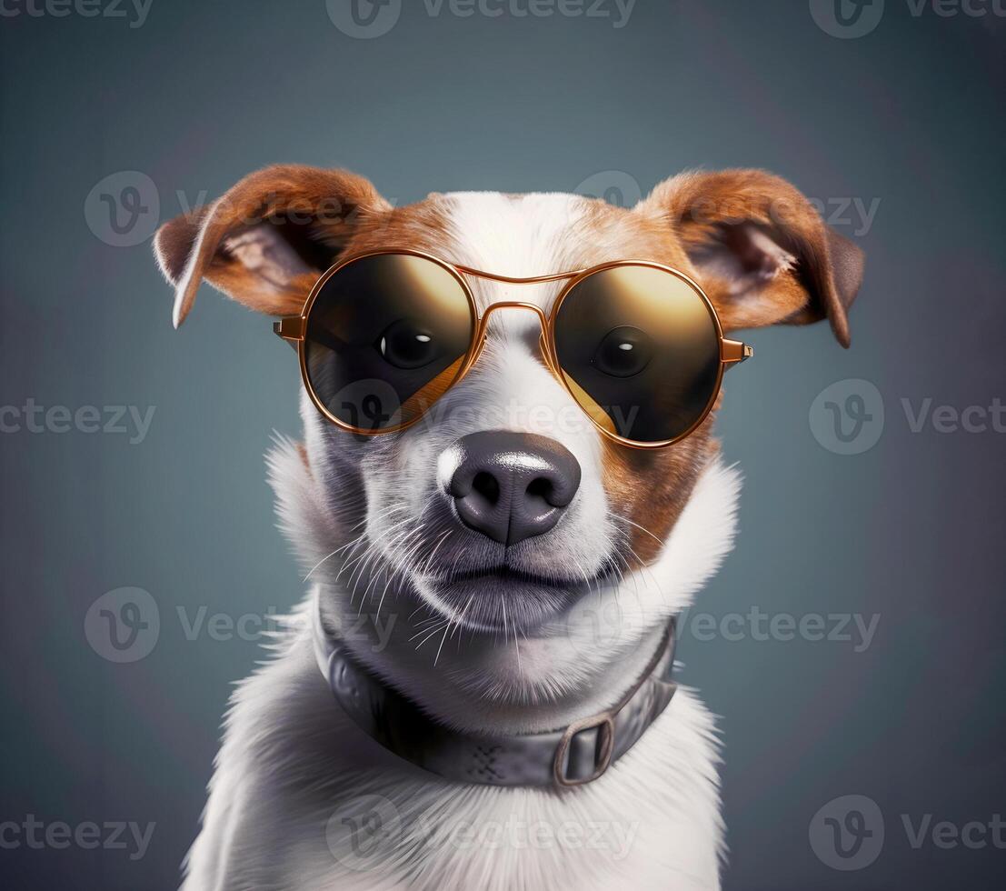 content, portrait of a dog in sunglasses, close-up on a dark background photo