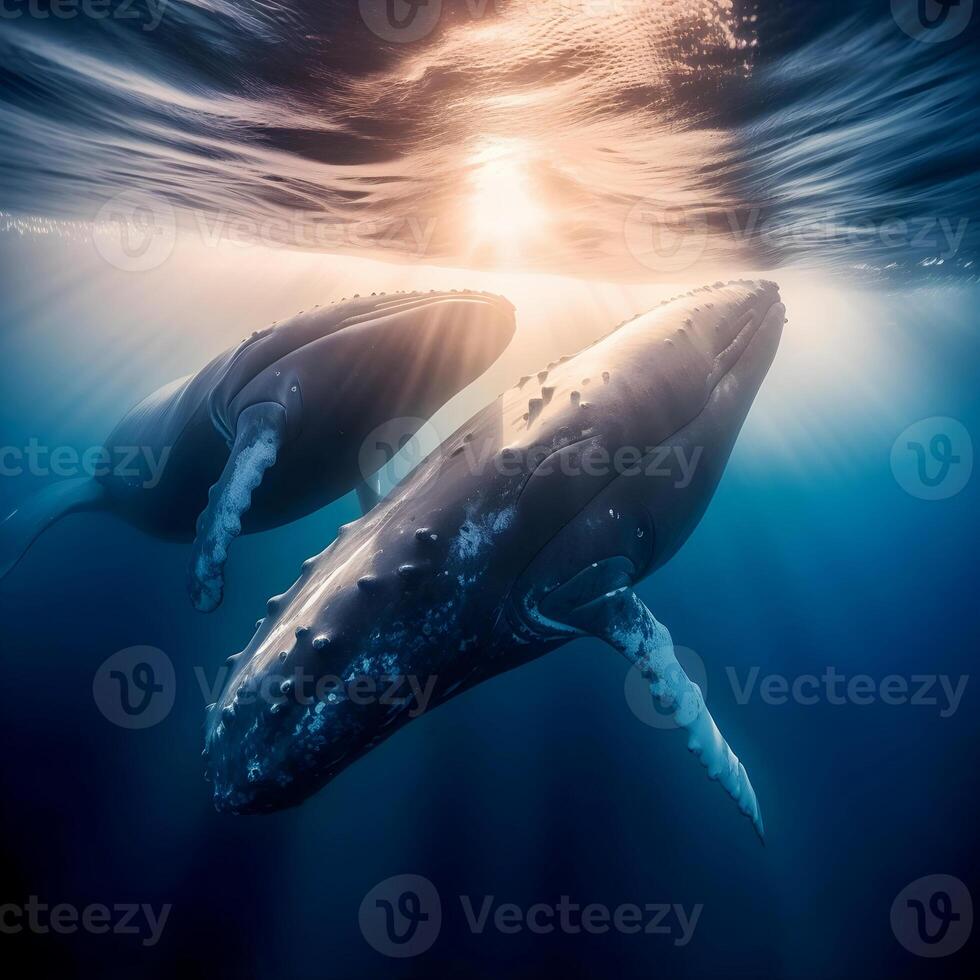content, Humpback whale calves playing near the surface in blue water photo
