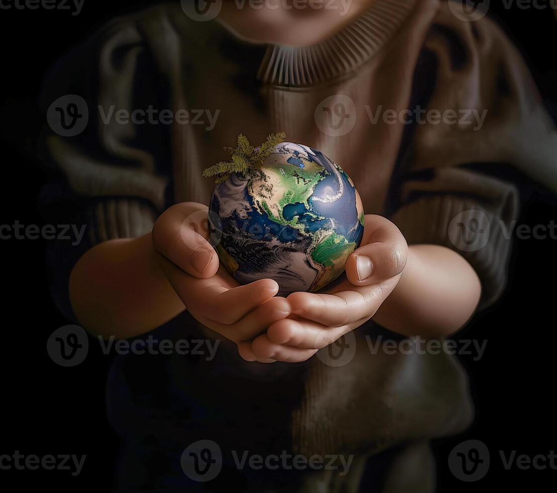 un pequeño chico sostiene un luminoso planeta tierra en su manos. tierra día. generativo ai contenido, foto