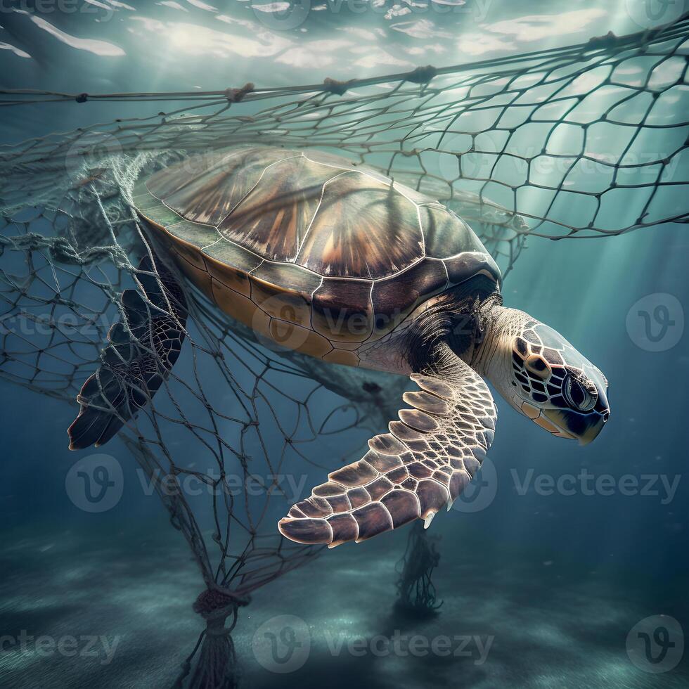 un mar Tortuga es enredado en un pescar neto. ambiental proteccion y el plastico conciencia concepto. generativo ai contenido, foto