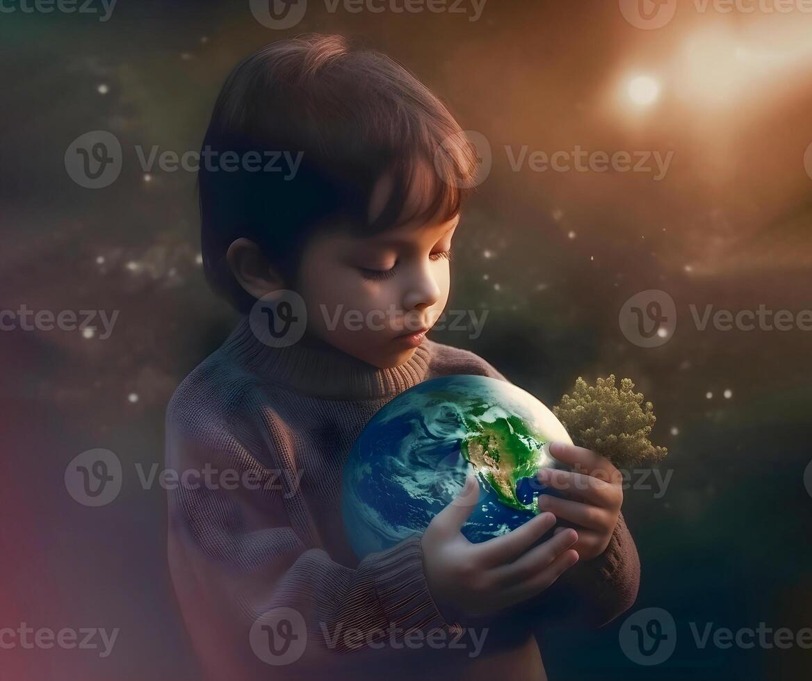 un pequeño chico sostiene un luminoso planeta tierra en su manos. tierra día. generativo ai contenido, foto