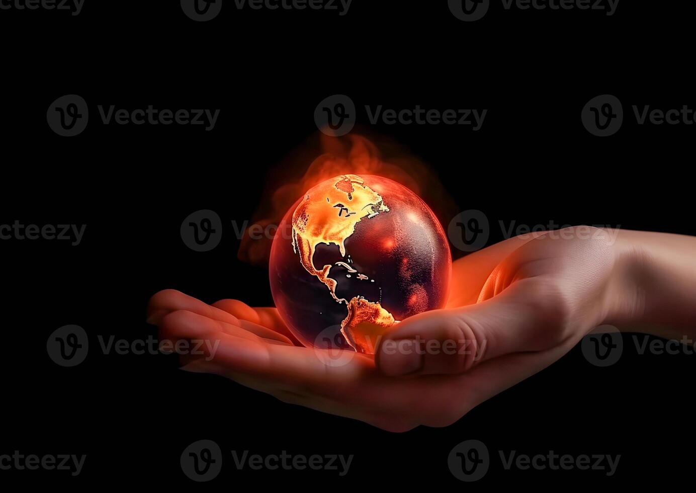 Global Warming Concept. Woman's Hand Holding Burning Earth. content, photo