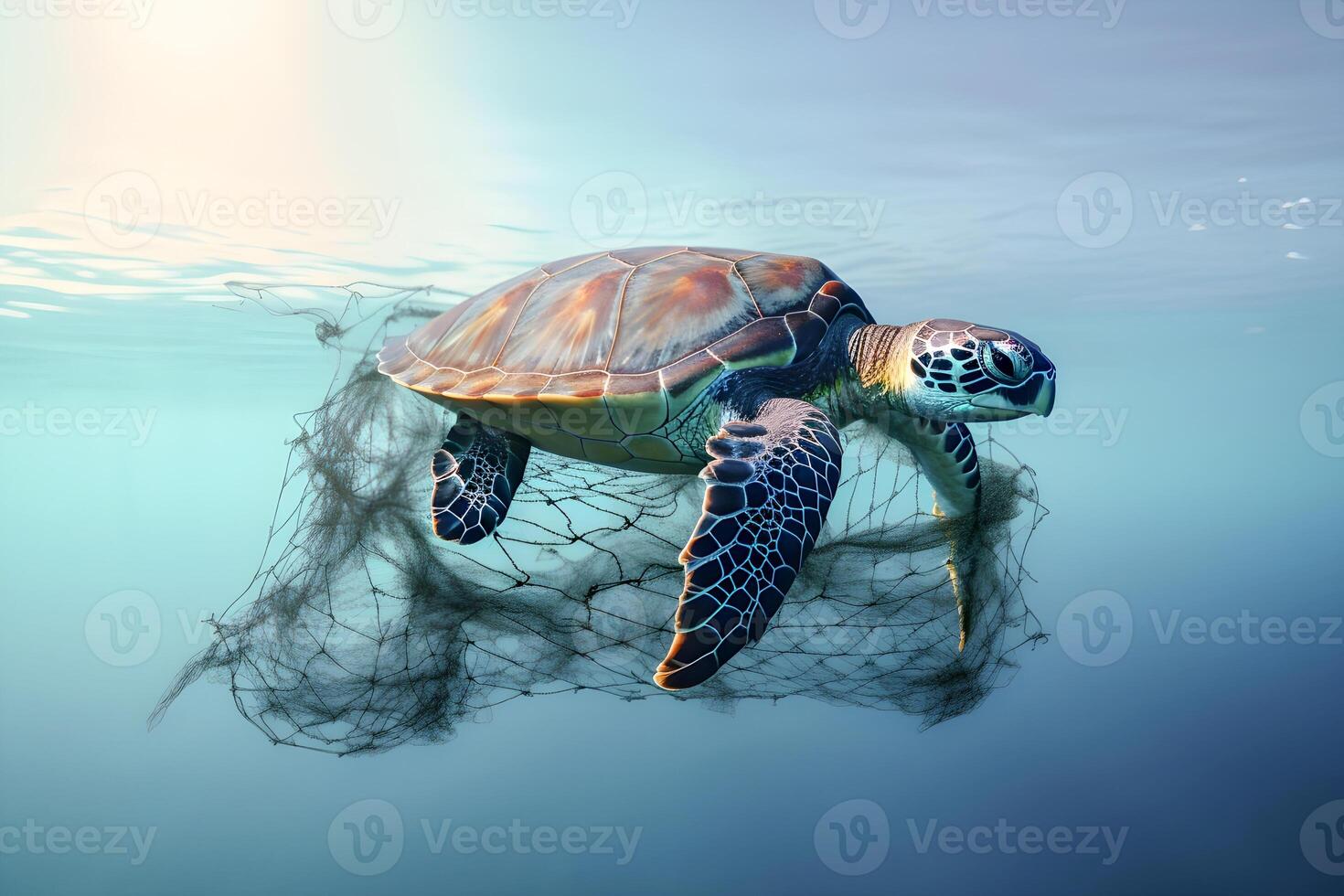 un mar Tortuga es enredado en un pescar neto. ambiental proteccion y el plastico conciencia concepto. generativo ai contenido, foto