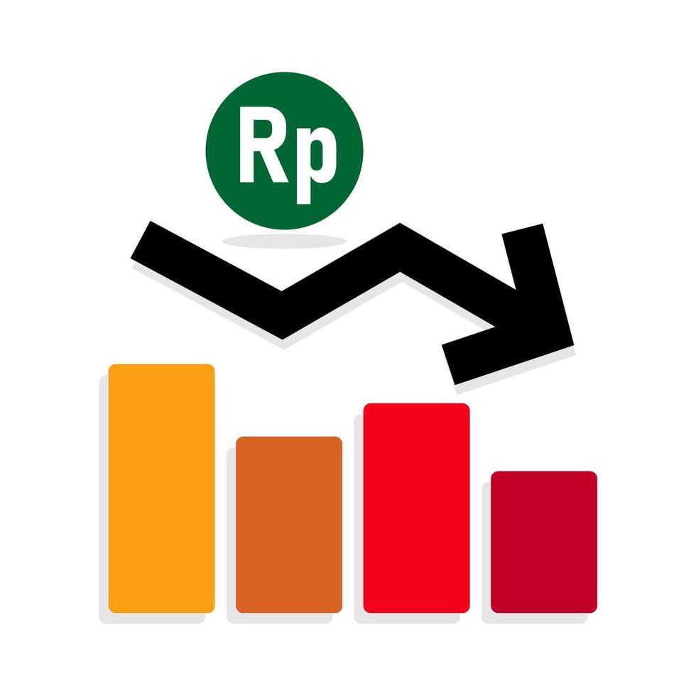 Decreasing line graph with Indonesian currency symbol, Rupiah. Minus growth icon for sales, marketing, profit, income, business, and revenue. vector
