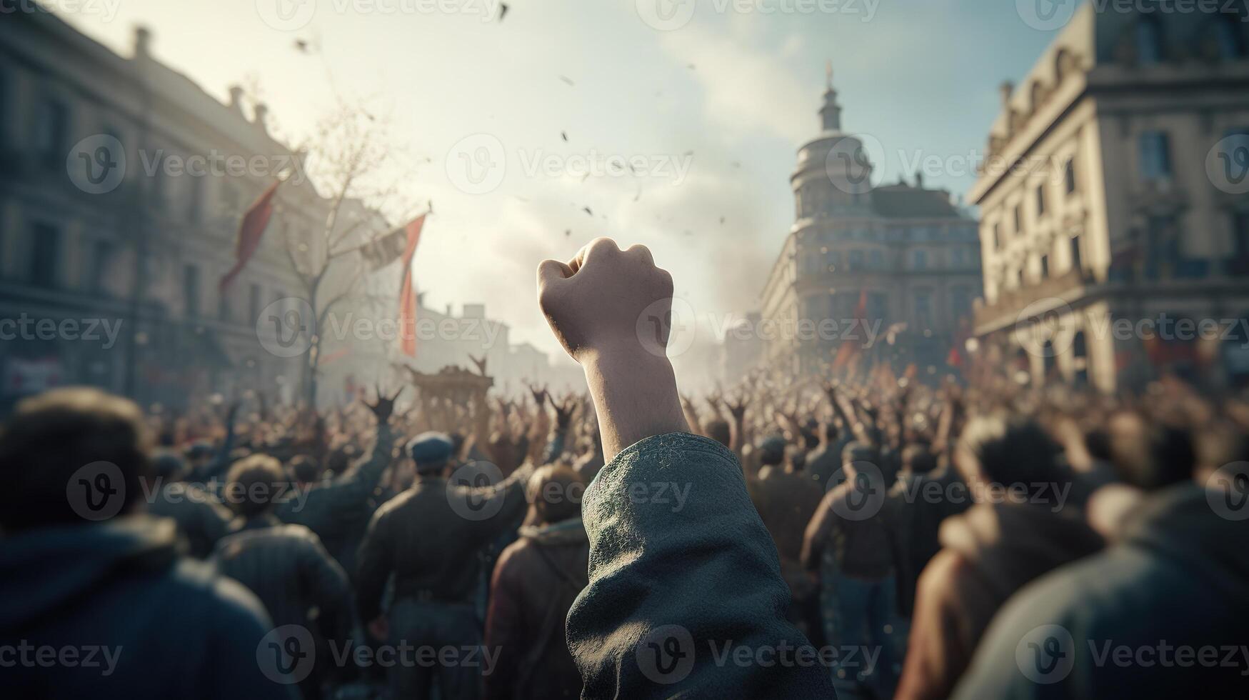 Revolutionary Voices, Protesting Crowd with Raised Fists on City Street. photo