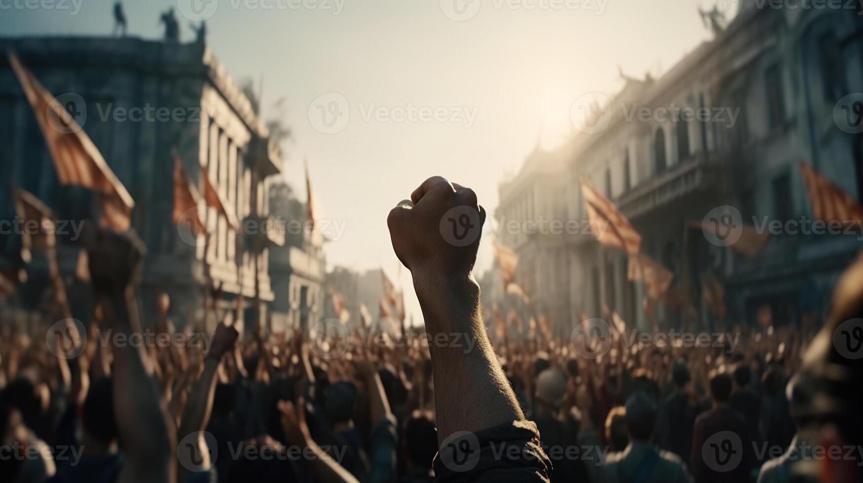 revolucionario voces, protestando multitud con elevado puños en ciudad calle. generativo ai foto