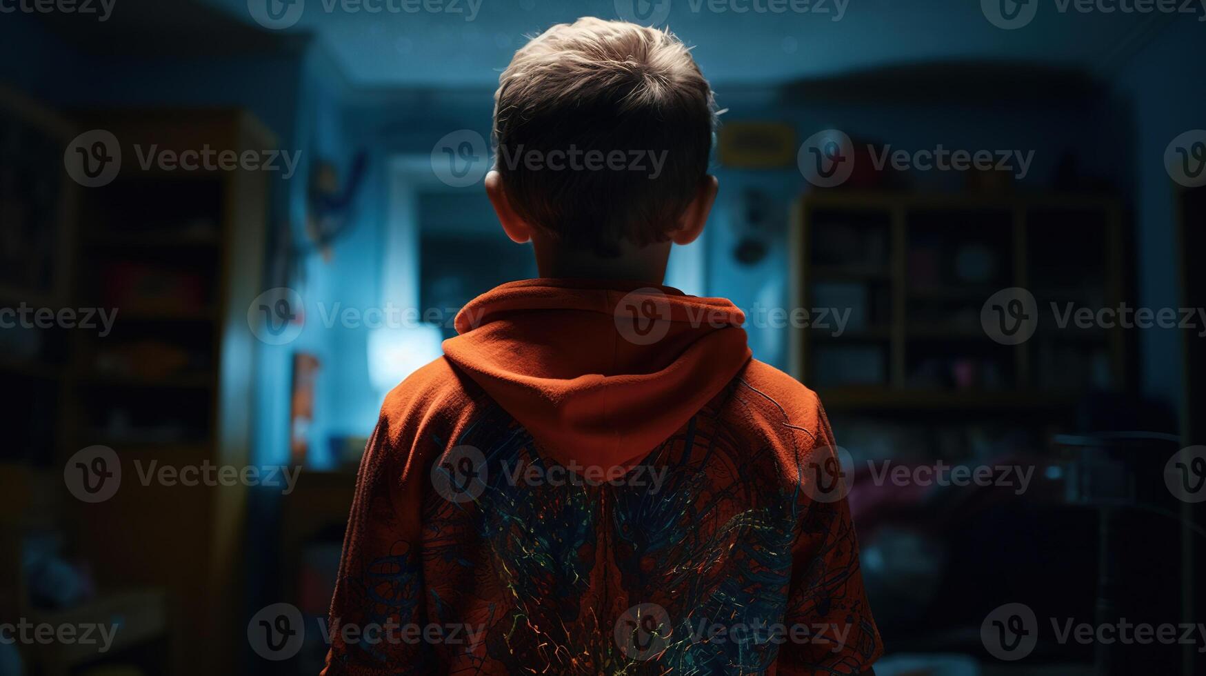Facing Fears, Brave Kid Confronts Nightmares and Imaginary Monsters. photo