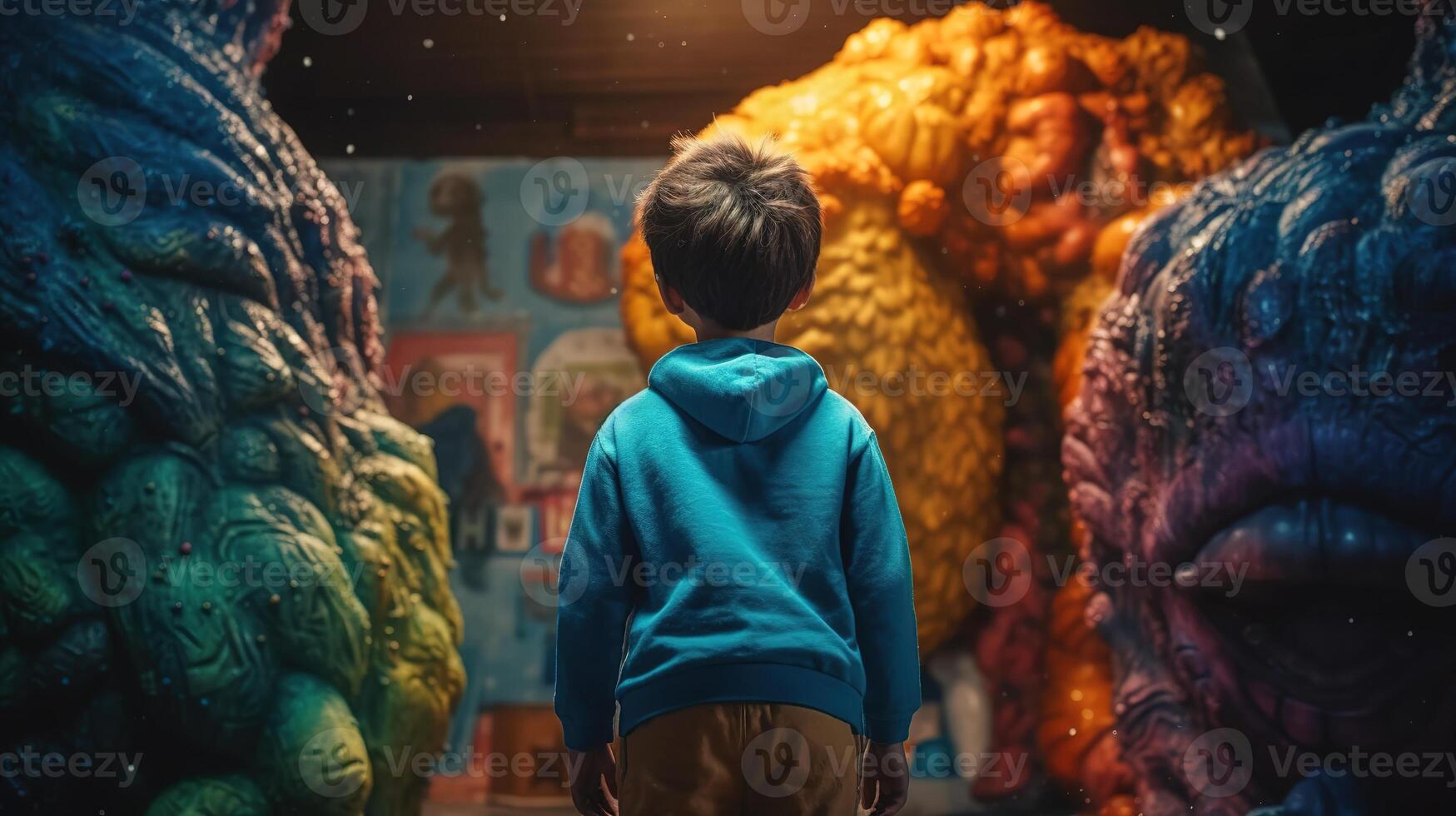 Facing Fears, Brave Kid Confronts Nightmares and Imaginary Monsters. photo