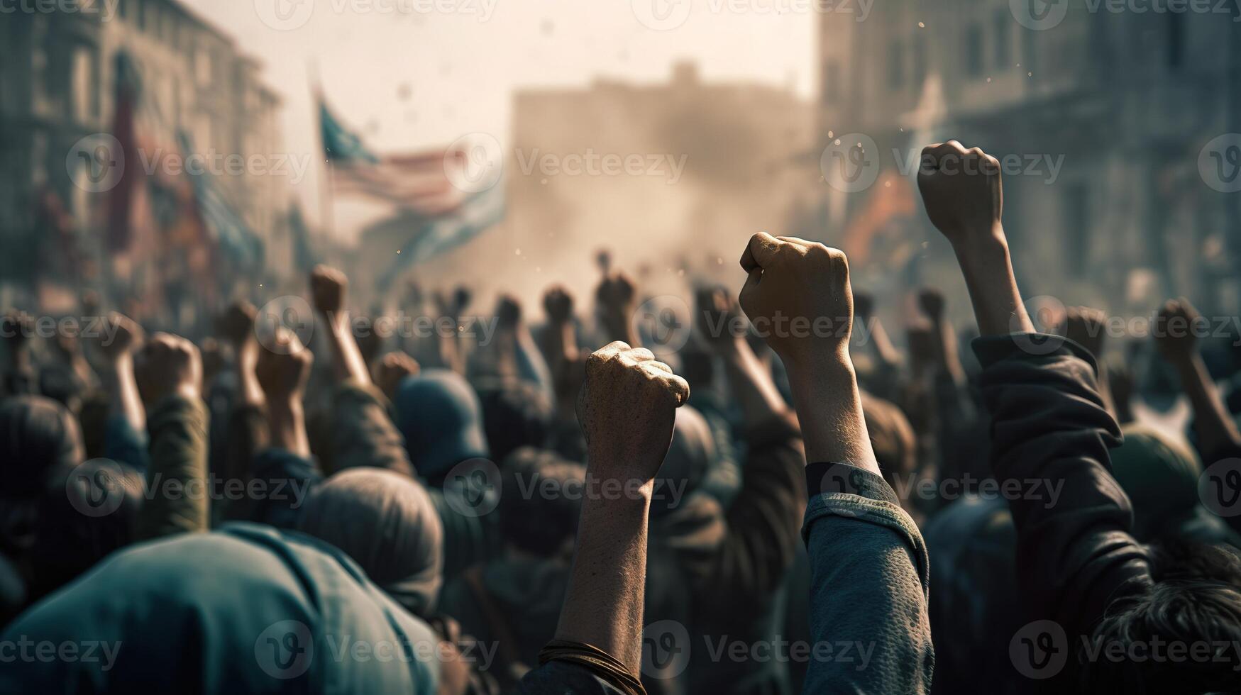 Revolutionary Voices, Protesting Crowd with Raised Fists on City Street. photo