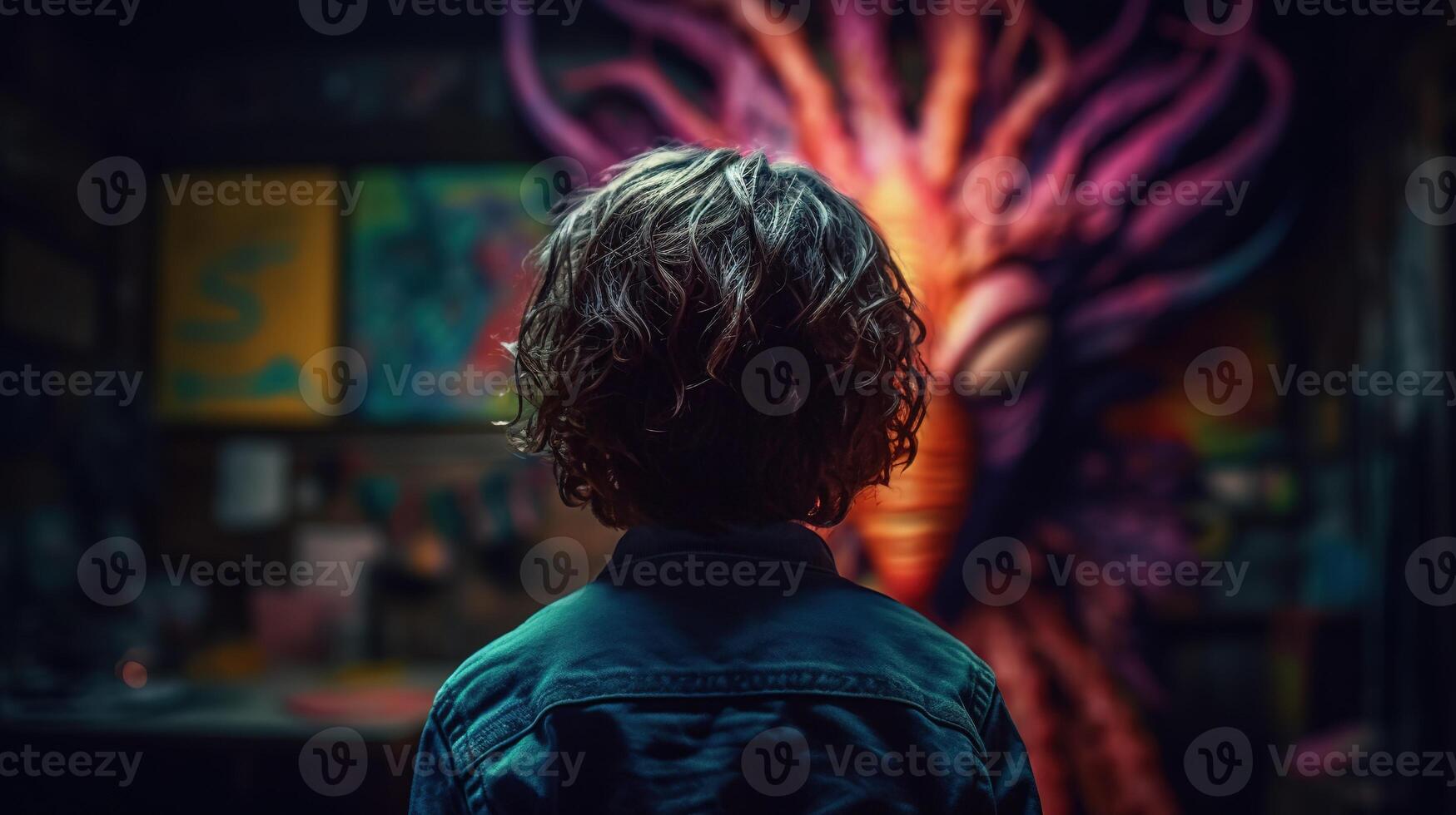 Facing Fears, Brave Kid Confronts Nightmares and Imaginary Monsters. photo
