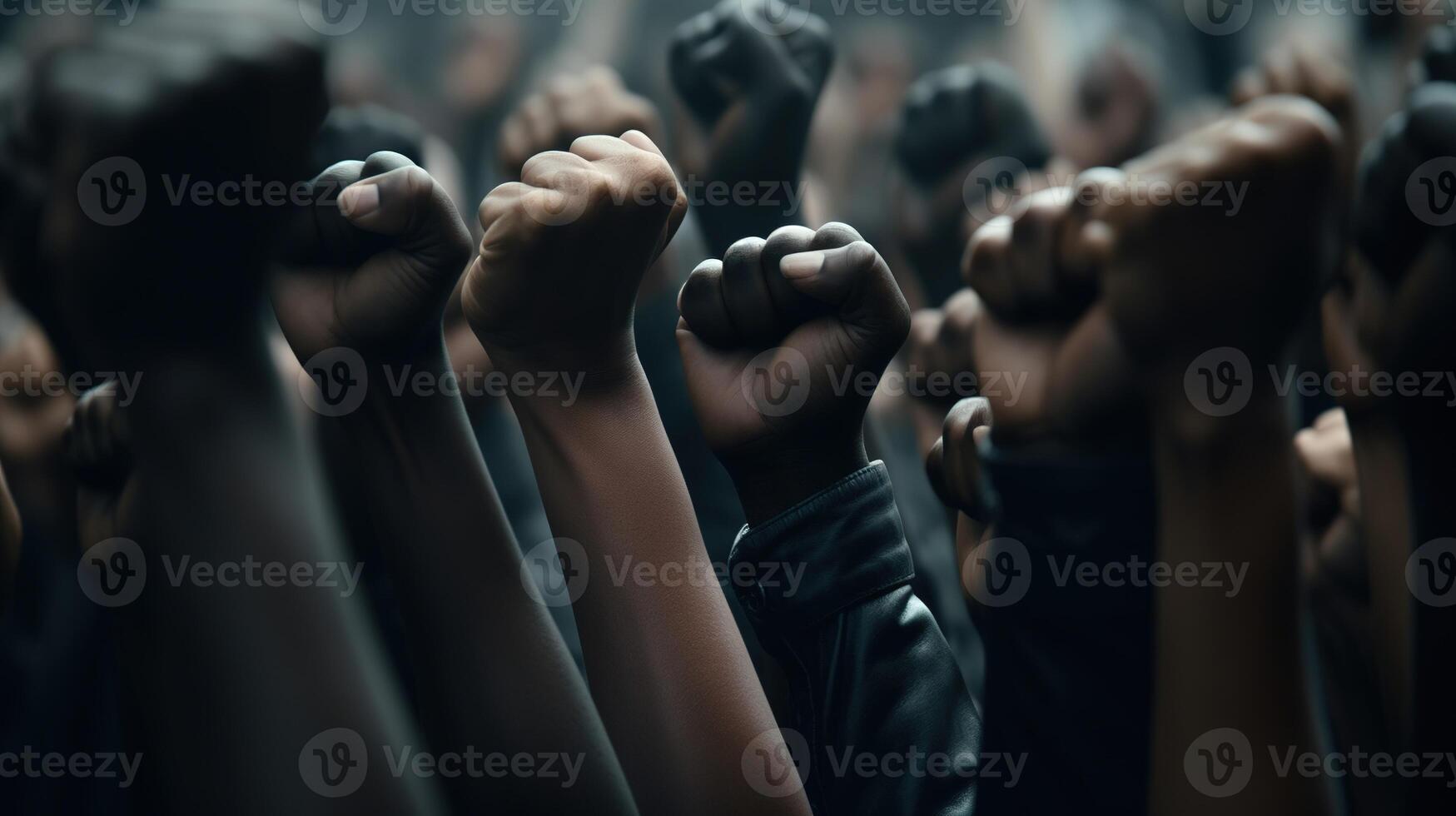 Revolutionary Voices, Protesting Crowd with Raised Fists on City Street. photo