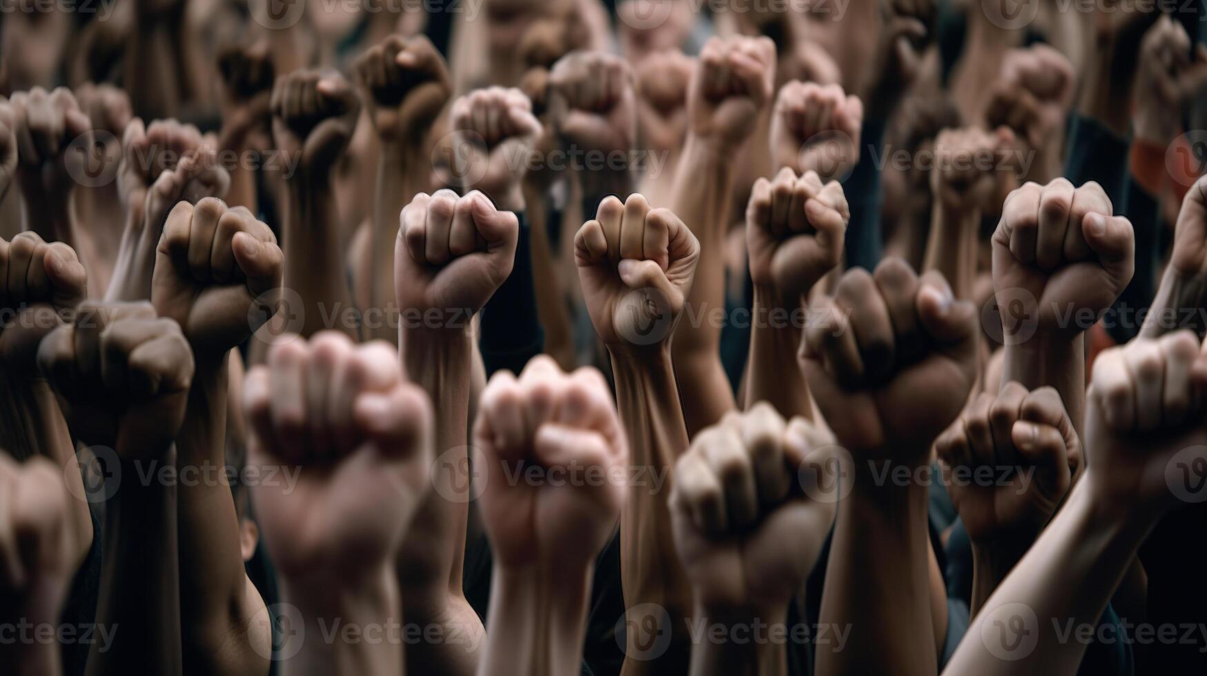 Revolutionary Voices, Protesting Crowd with Raised Fists on City Street. photo