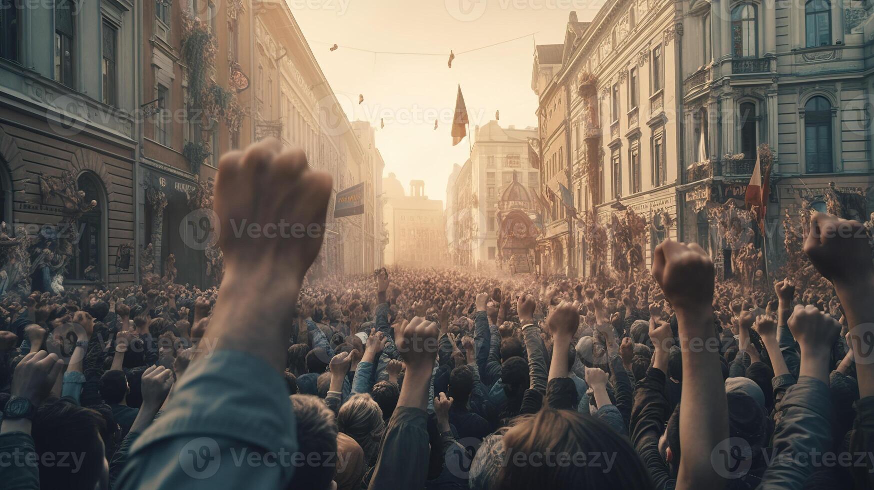 revolucionario voces, protestando multitud con elevado puños en ciudad calle. generativo ai foto