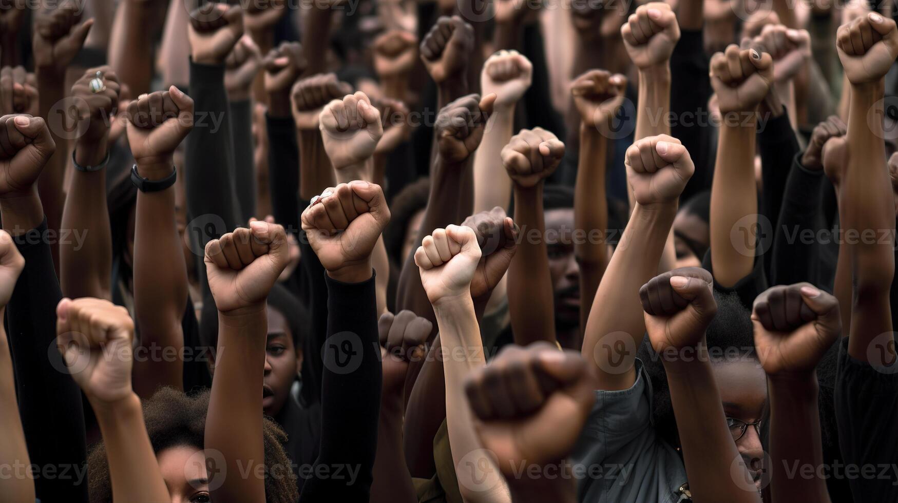 Revolutionary Voices, Protesting Crowd with Raised Fists on City Street. photo