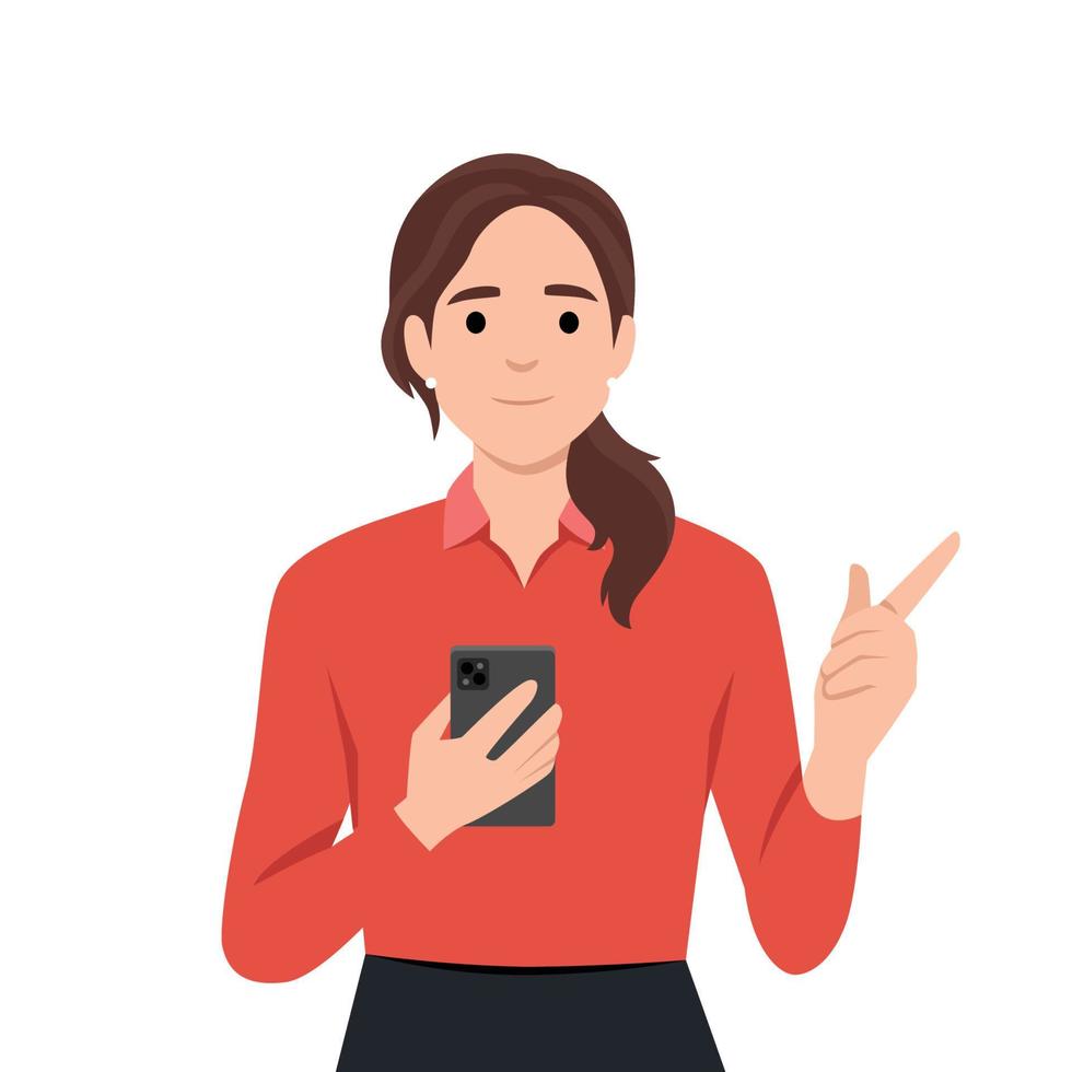 Smiling young woman hold cellphone point at screen. Happy girl with smartphone in hands show with finger at camera make choice vector