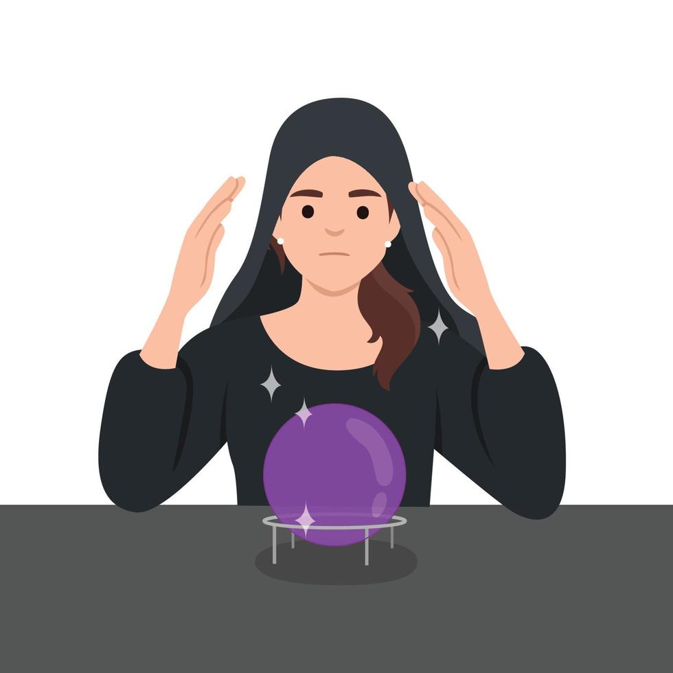 Fortune teller woman reading future on magical crystal ball. Gypsy oracle. vector