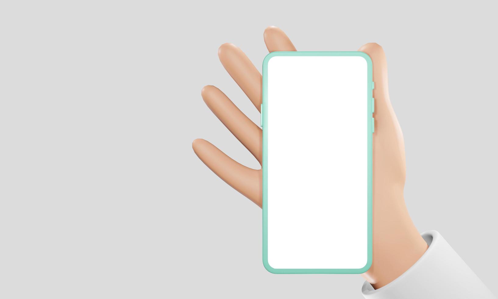 3D Cartoon hand holding a phone with a white mockup isolated on white background, For the using mobile phone mockup presentation. 3d render illustration. photo