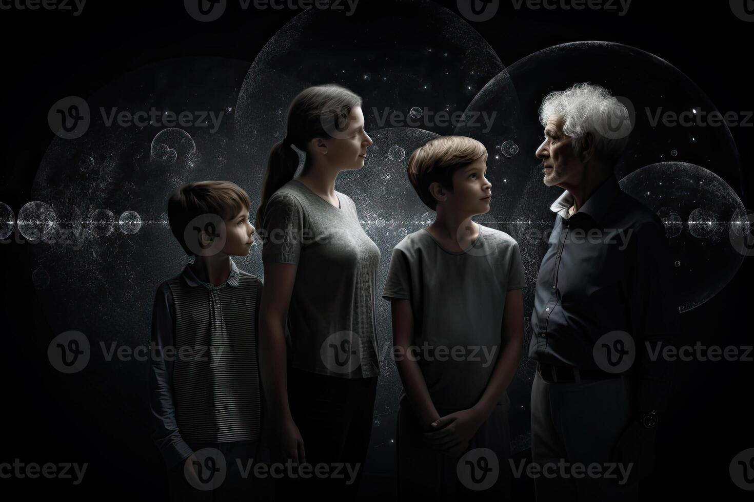 Different generations of family stand together against dark abstract background. photo
